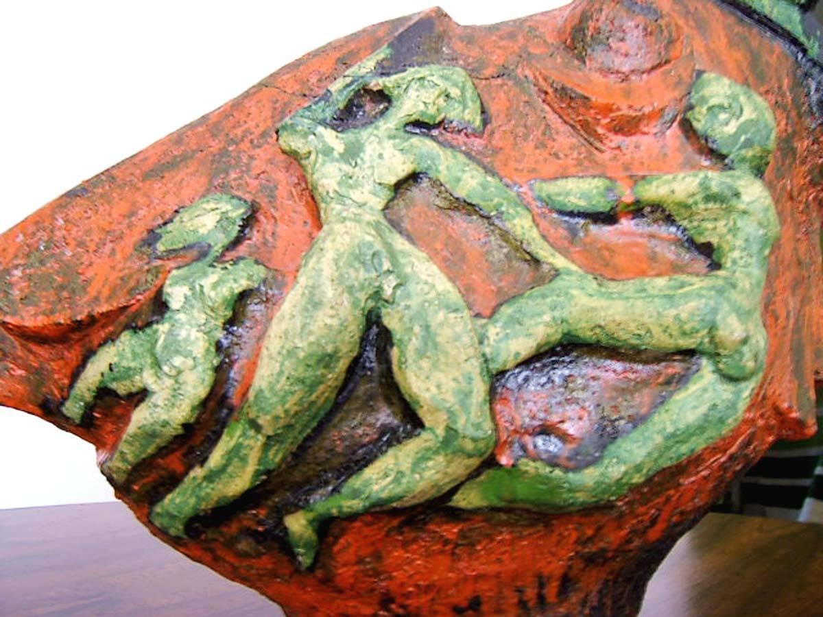 Large Expressionist Ceramic Bird Sculpture with Dancing FiguresDutch Cobra Style 1