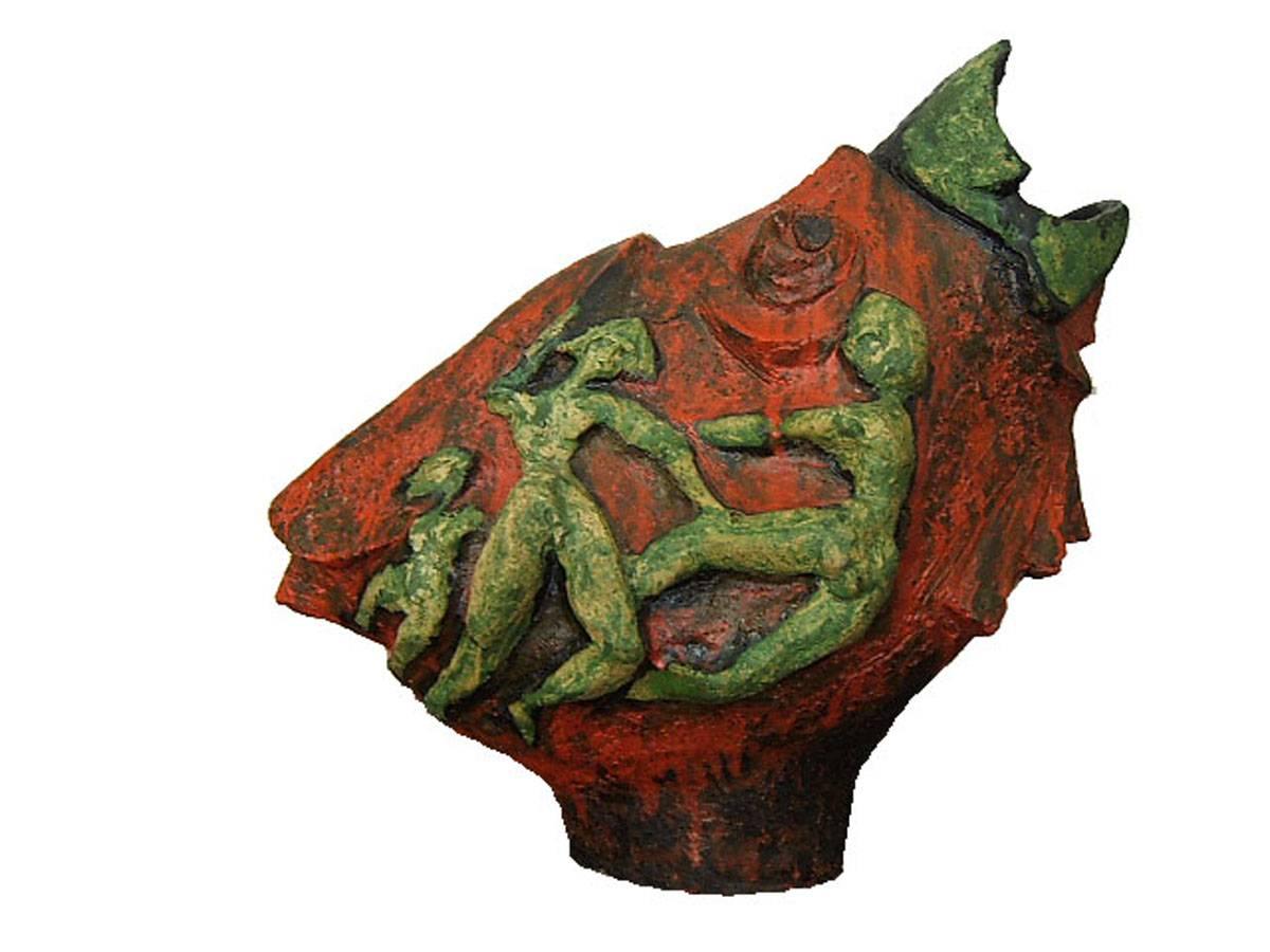 Large Expressionist Ceramic Bird Sculpture with Dancing FiguresDutch Cobra Style For Sale 2