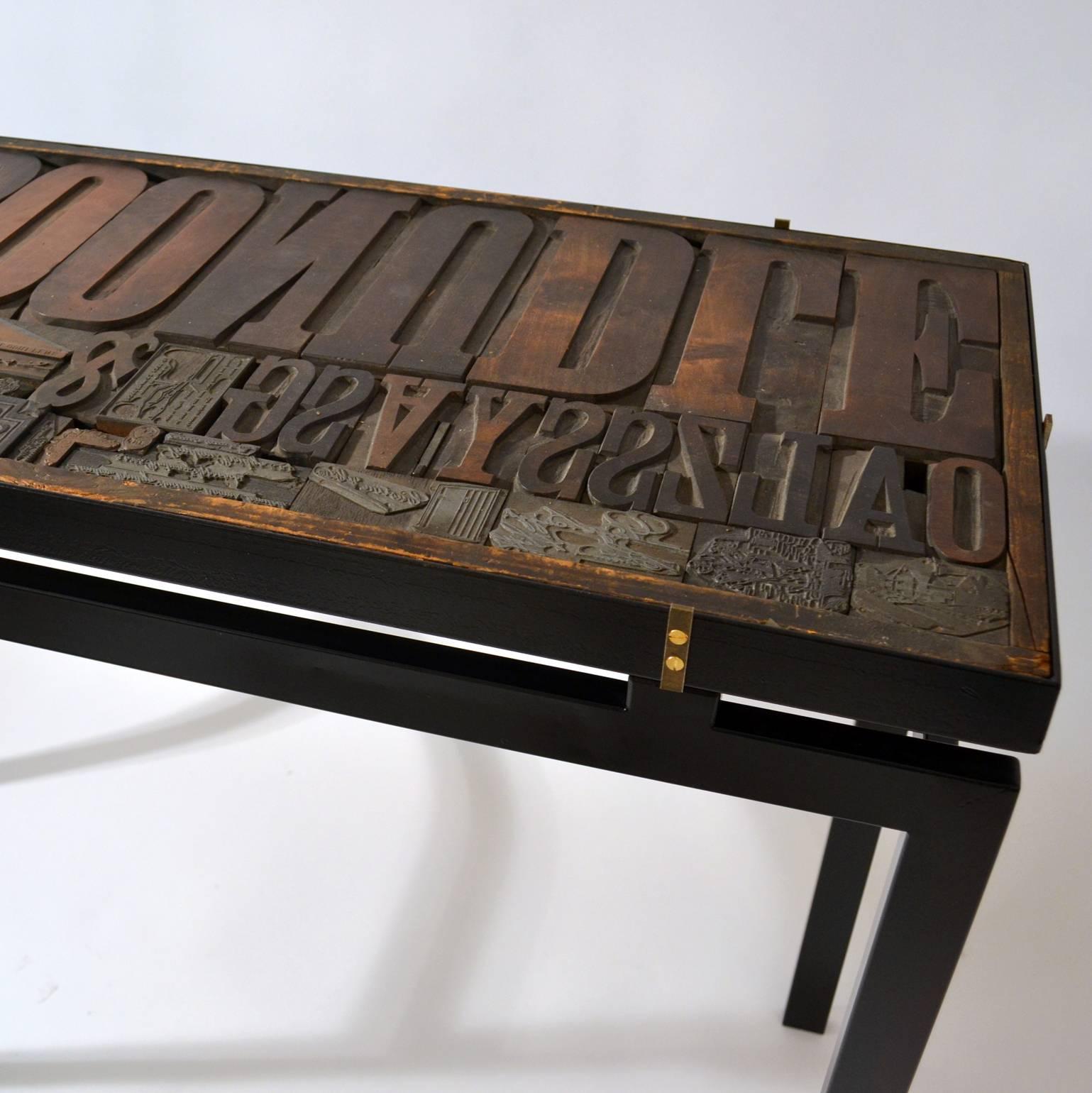 Console / Desk with Early 20th Century Printing Blocks Top on Black Metal Frame 1