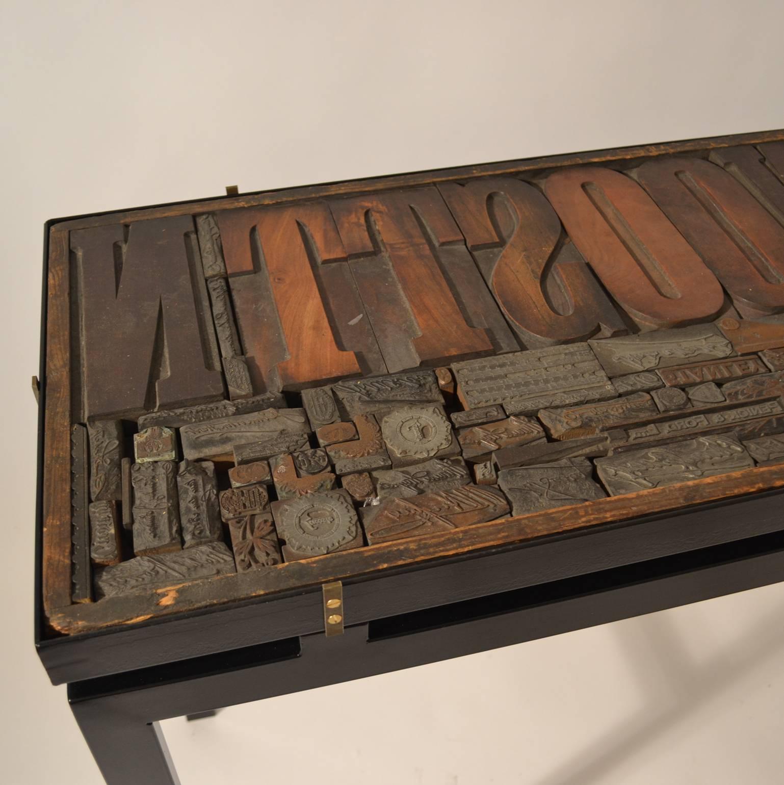 Console / Desk with Early 20th Century Printing Blocks Top on Black Metal Frame 3