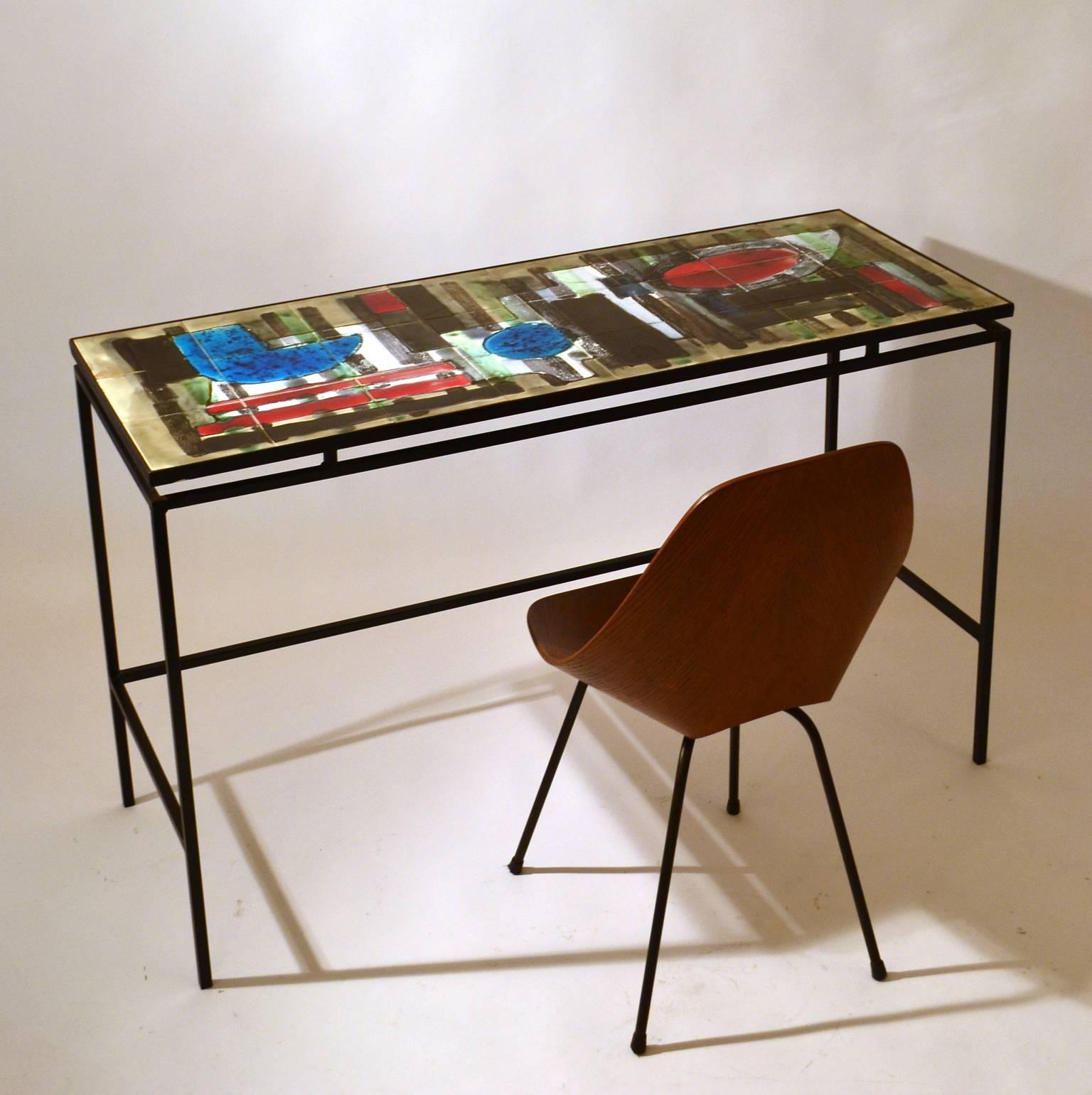 Mid-Century Modern 1960s Hand-Painted Ceramic Tile Console or Desk on Black Metal Frame by Belarti