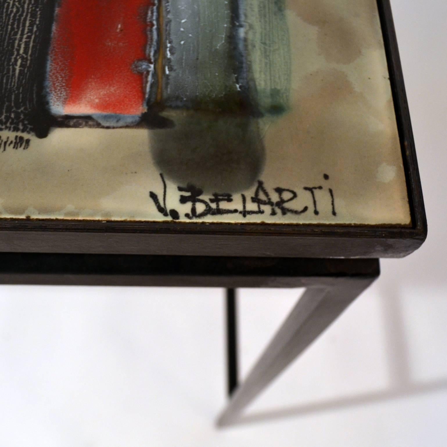 1960s Hand-Painted Ceramic Tile Console or Desk on Black Metal Frame by Belarti In Excellent Condition In London, GB