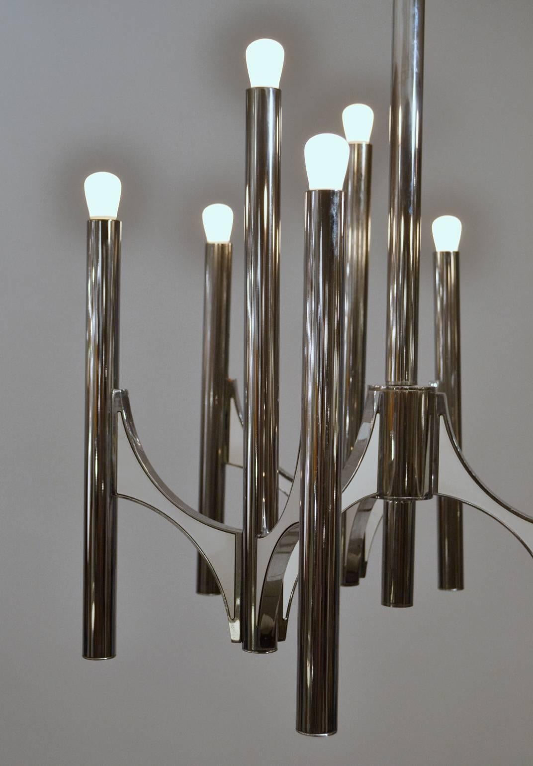 Italian Chandelier in Chrome and Cream by Gaetano Sciolari  For Sale