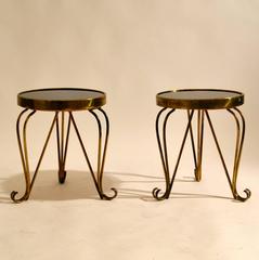 1950s Pair of French Round Side Tables in Brass with Black Glass Top