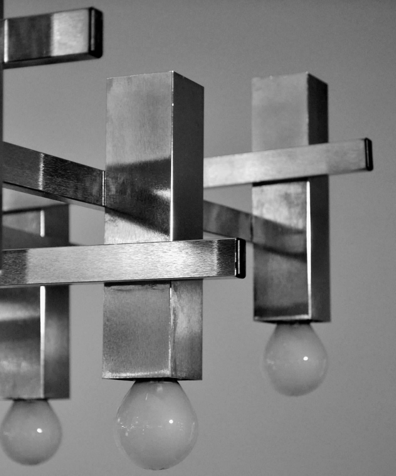 1970s Pair of Minimal Brushed Chrome Chandeliers, Style of Sciolari In Excellent Condition In London, GB