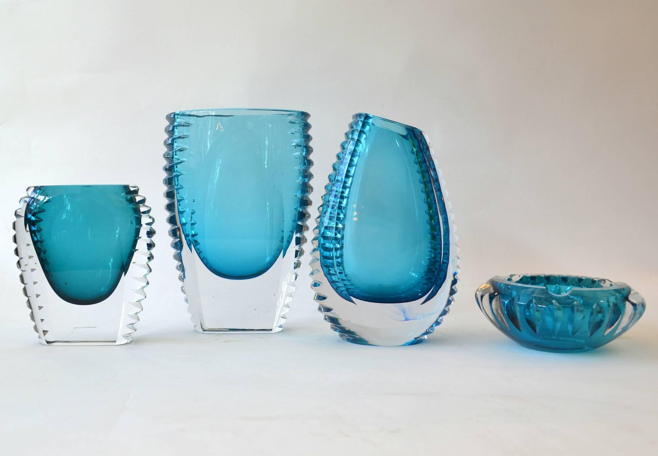 Crystal 1970s Set of Three Turquoise Christal Cut Glass Vases