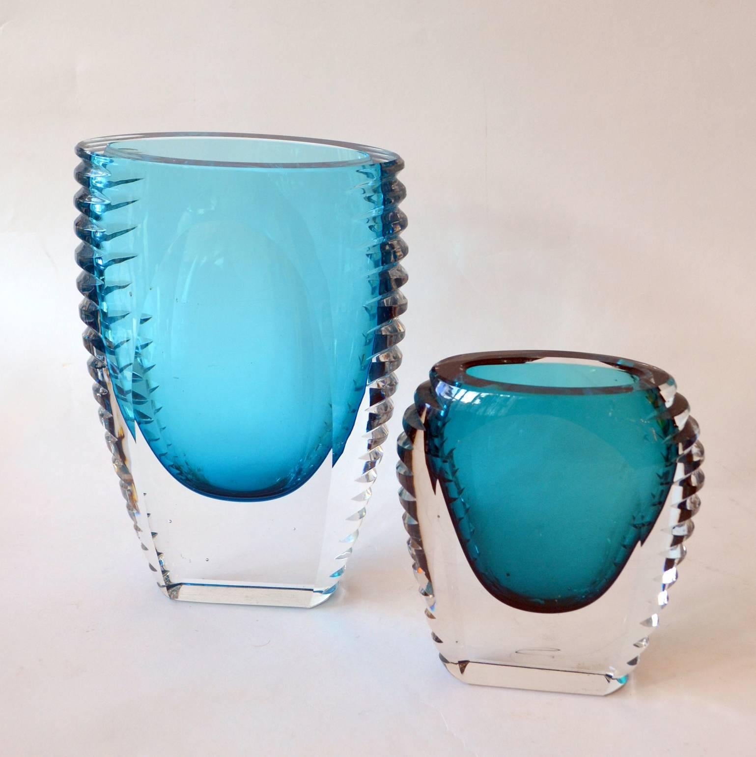 Italian 1970s Set of Three Turquoise Christal Cut Glass Vases
