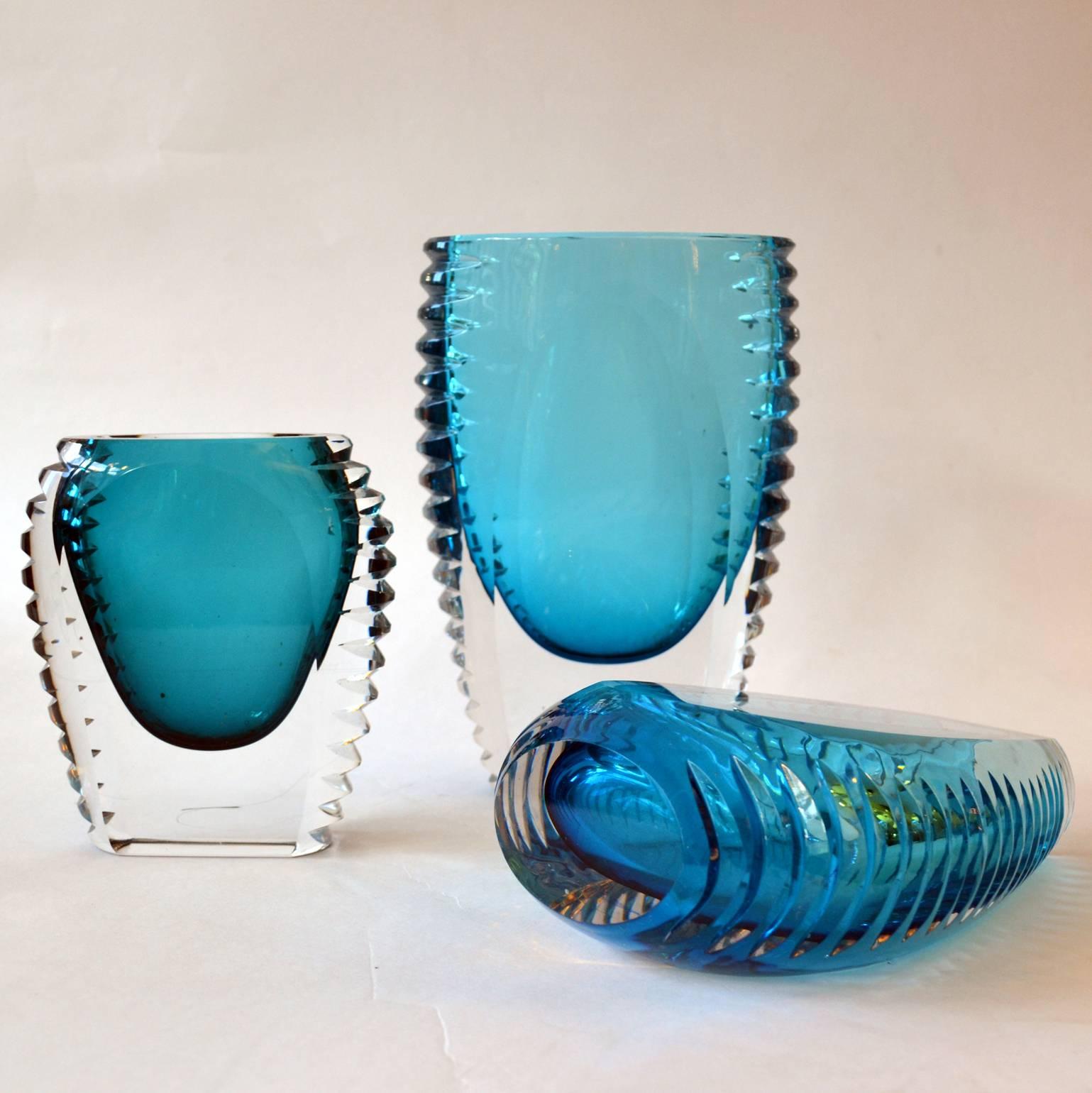 Late 20th Century 1970s Set of Three Turquoise Christal Cut Glass Vases