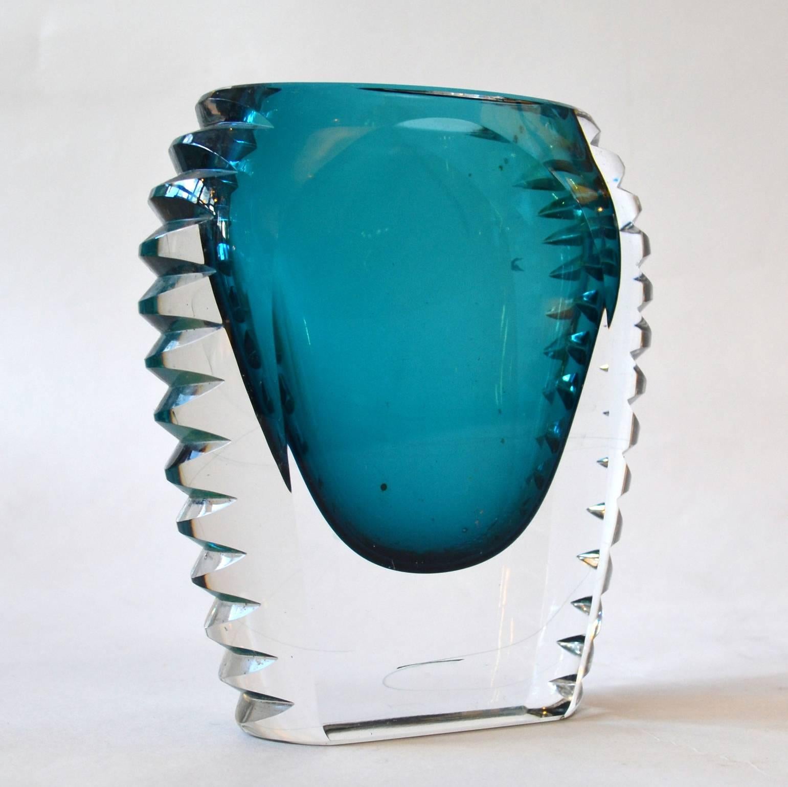 Hand-Crafted 1970s Set of Three Turquoise Christal Cut Glass Vases