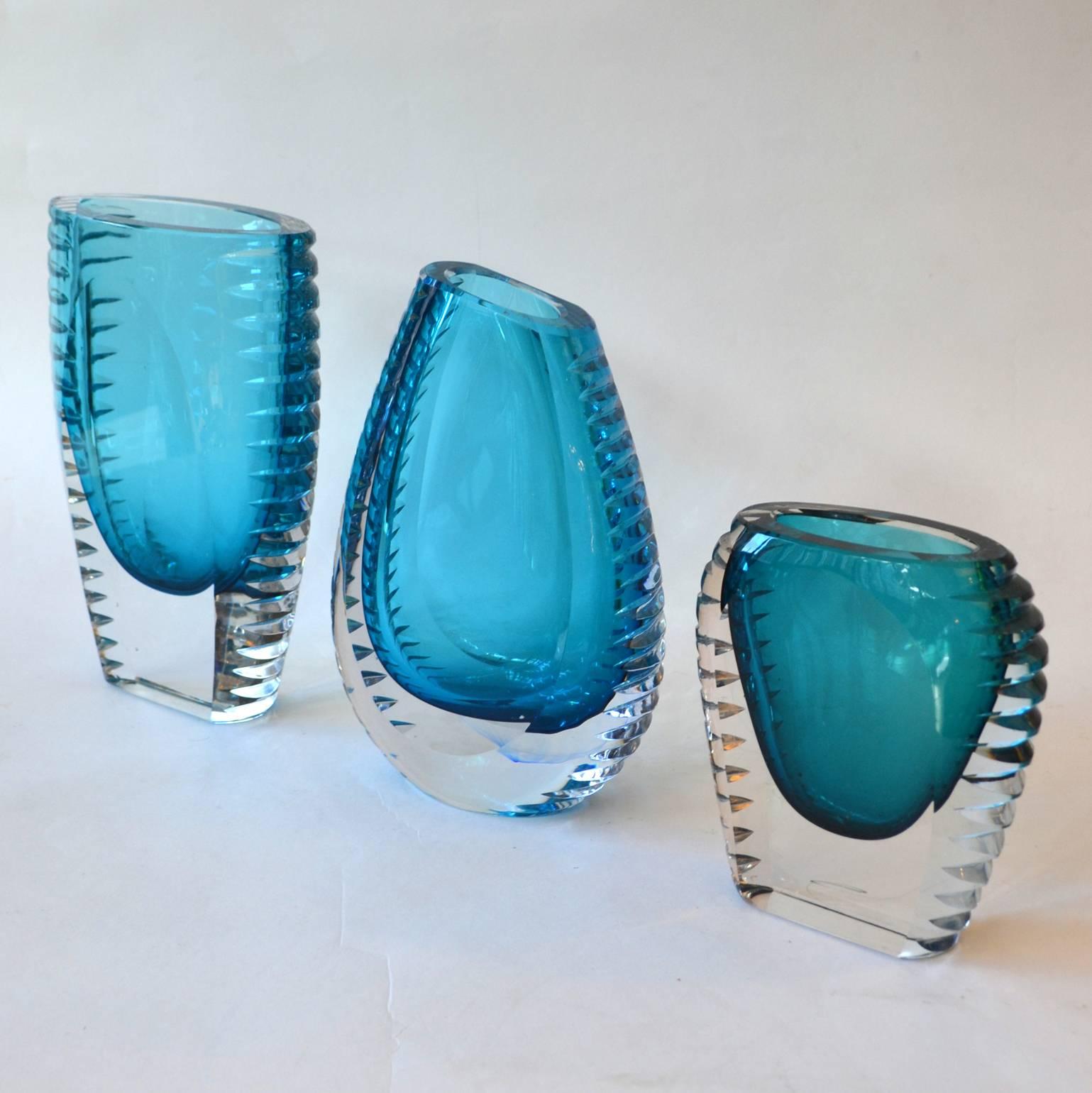Three vibrant sky blue handblown and cut vases in lead crystal by Beyer & Co. Facet cut-glass vases with flat belly's and serrated edges show excellent craftsmanship.