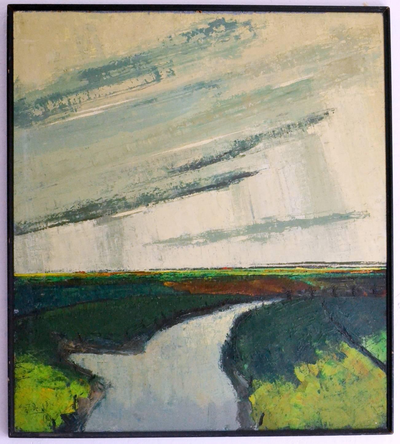 Atmospheric expressive landscape oil painting by Flemish artist Jozef Lodewijk Frans de Wil, Antwerp 1920-Lier 1992,signed. This subtitle oil painting shows the wind and weather affecting the light that shines on calm flat landscape in a dynamic way