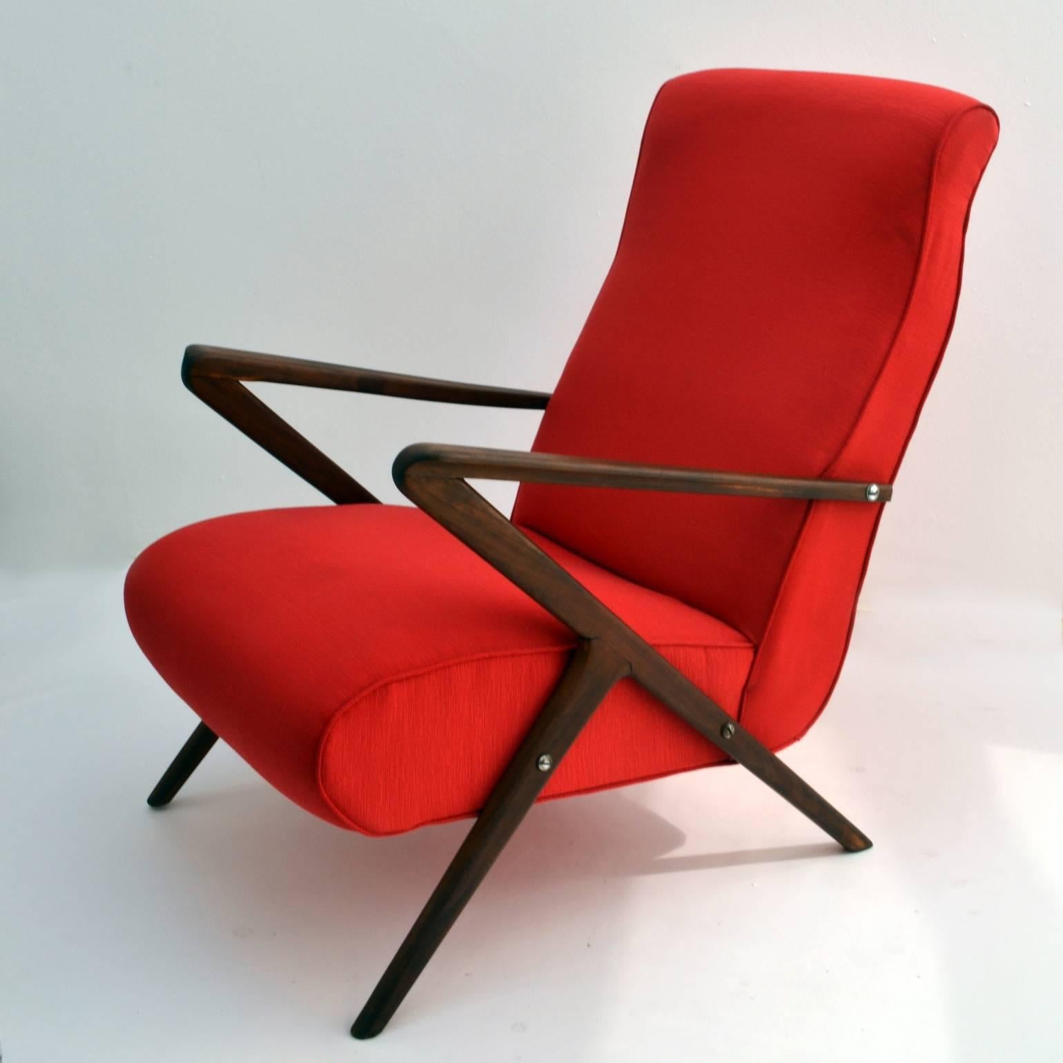 Mid-Century Modern 1950s Pair of Red Italian Lounge Chairs, Mahogany Frame with Pronounced Armrests