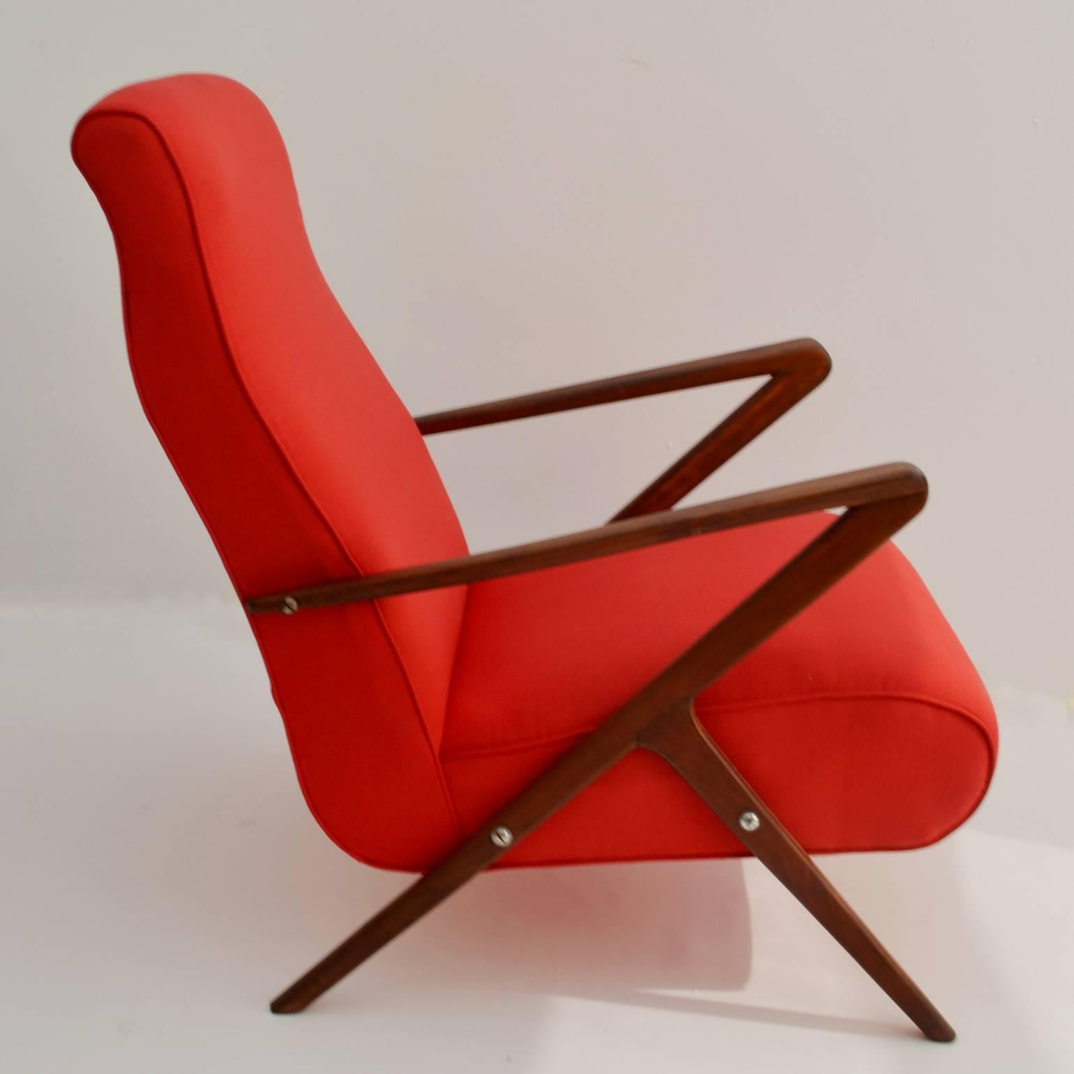 Fabric 1950s Pair of Red Italian Lounge Chairs, Mahogany Frame with Pronounced Armrests