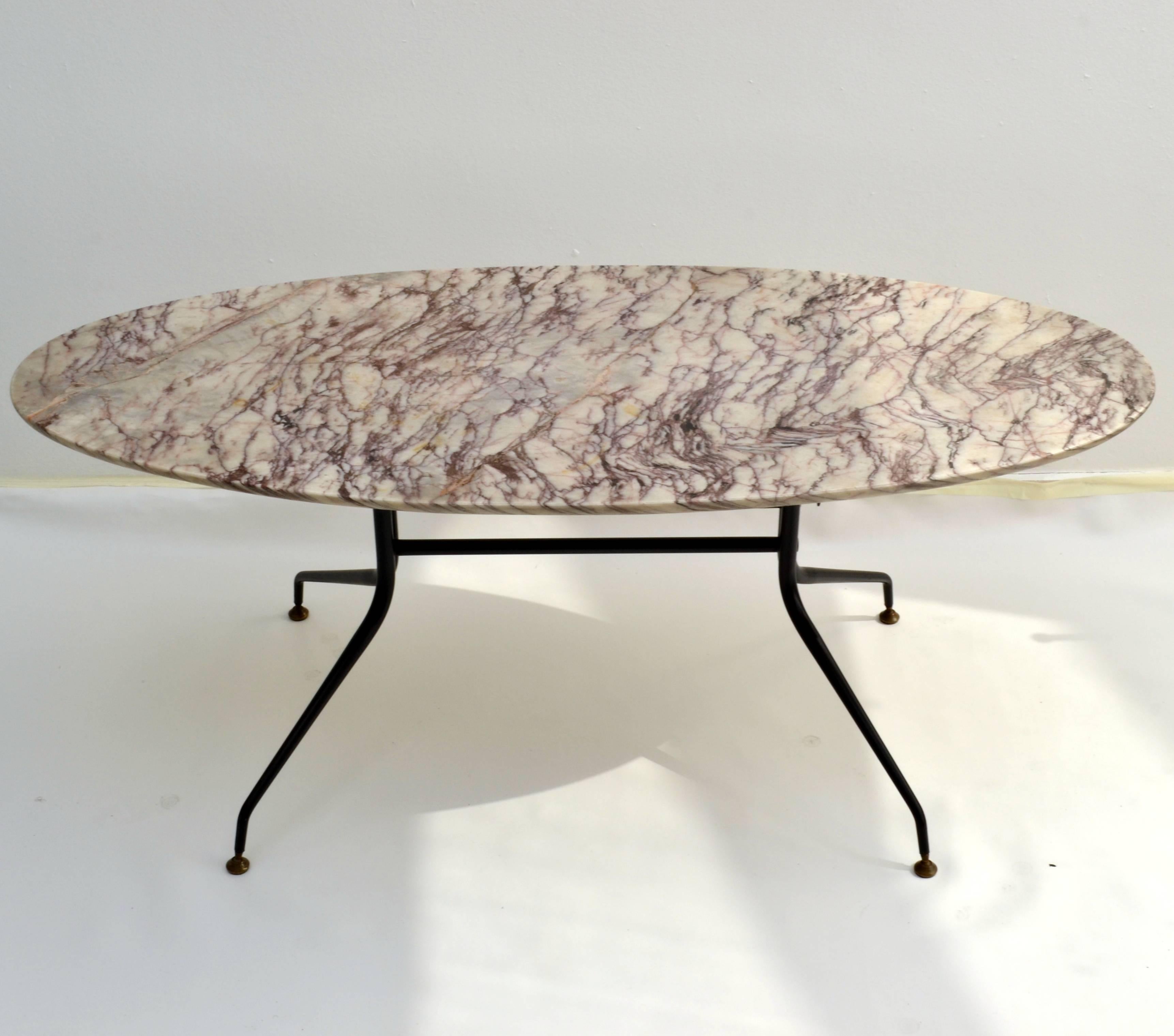 Mid-Century Modern 1950s Italian Oval Marble Coffee Table on Black Metal Frame