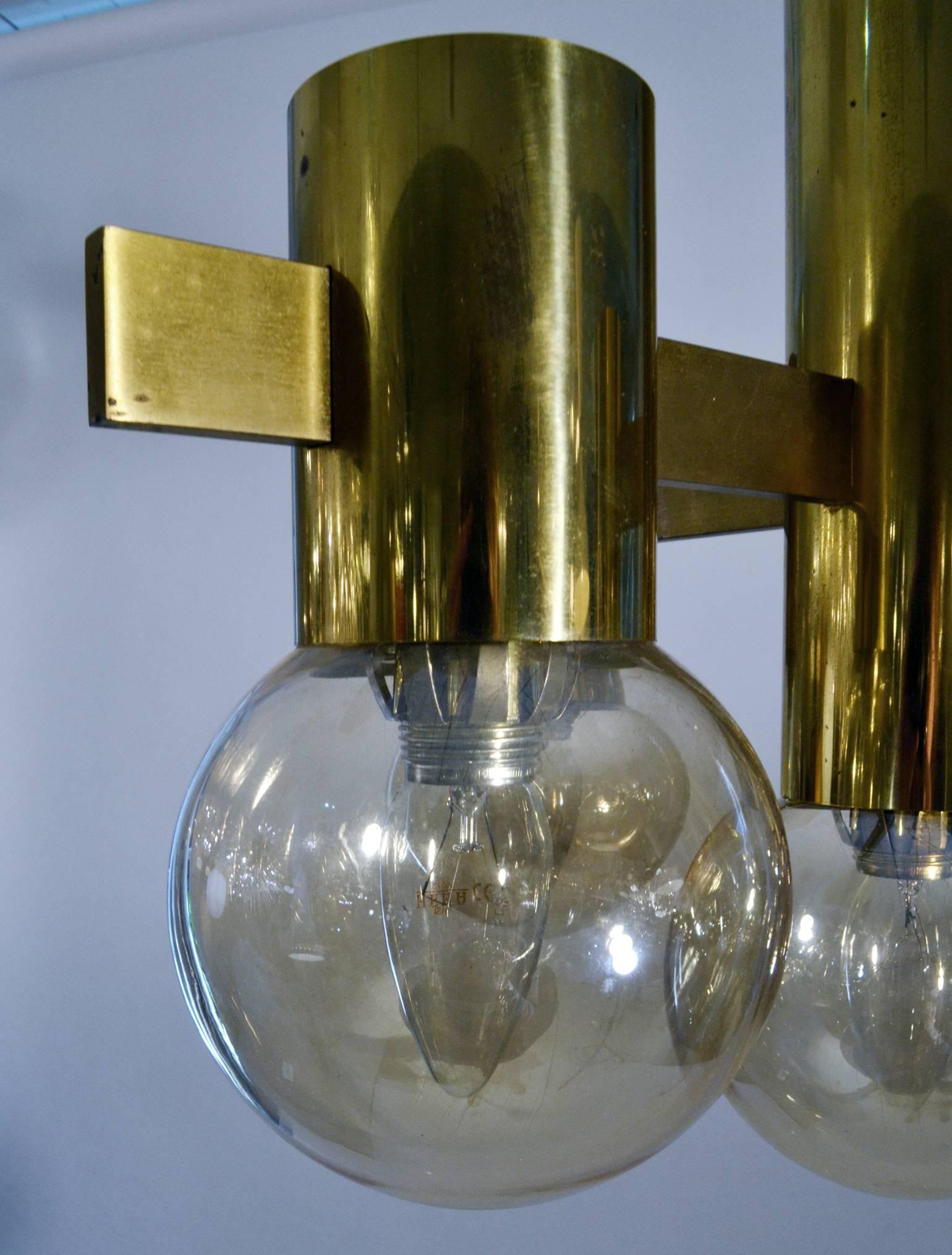1970s Italian Brass Pendant by Sciolari with Five Honey Glass Globes 2