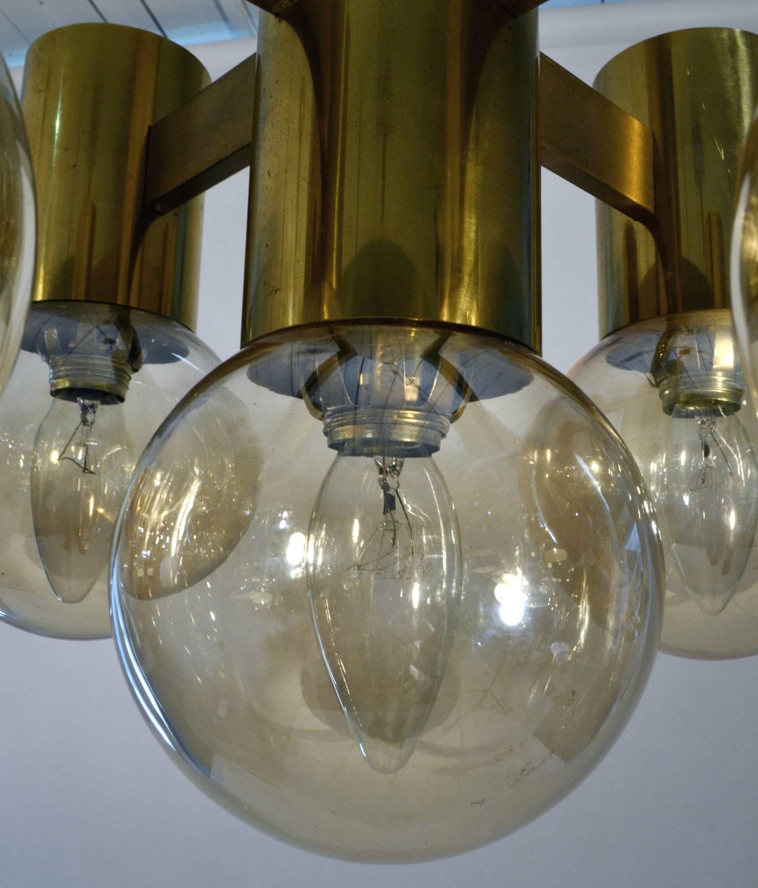 1970s Italian Brass Pendant by Sciolari with Five Honey Glass Globes 1