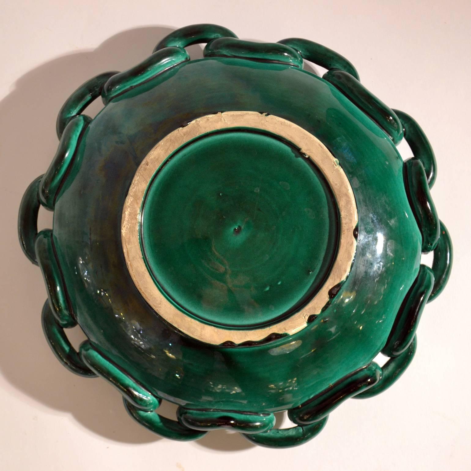 Mid-Century Modern 1950s Bowl in Emerald Green Ceramic with Chain Edge by Vallauris France