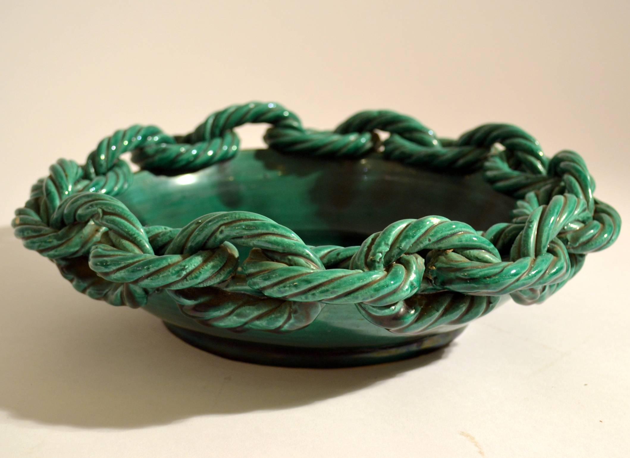 French 1950s Bowl in Emerald Green Ceramic with Chained Rope Edge by Vallauris, France