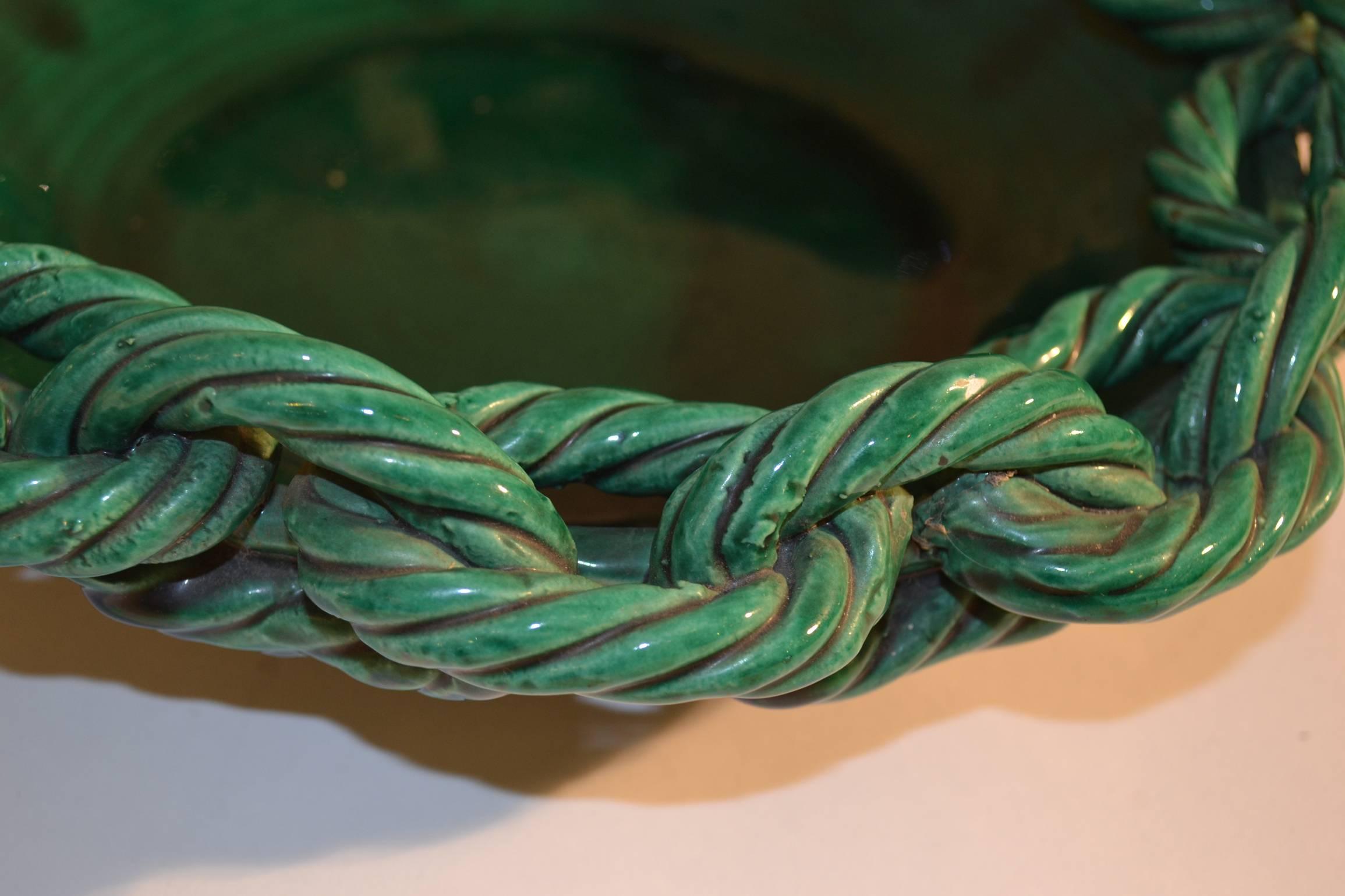 Hand-Crafted 1950s Bowl in Emerald Green Ceramic with Chained Rope Edge by Vallauris, France