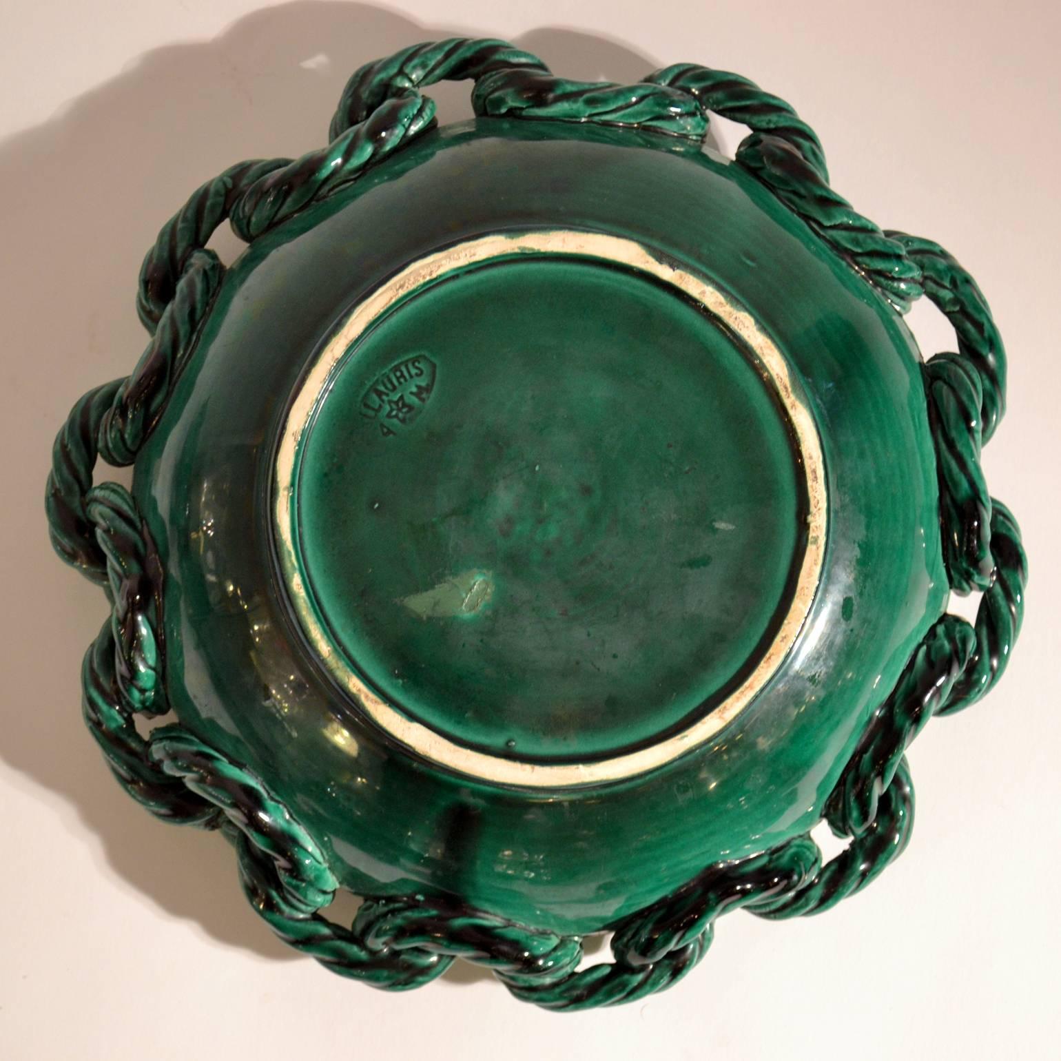 1950s Bowl in Emerald Green Ceramic with Chained Rope Edge by Vallauris, France In Excellent Condition In London, GB