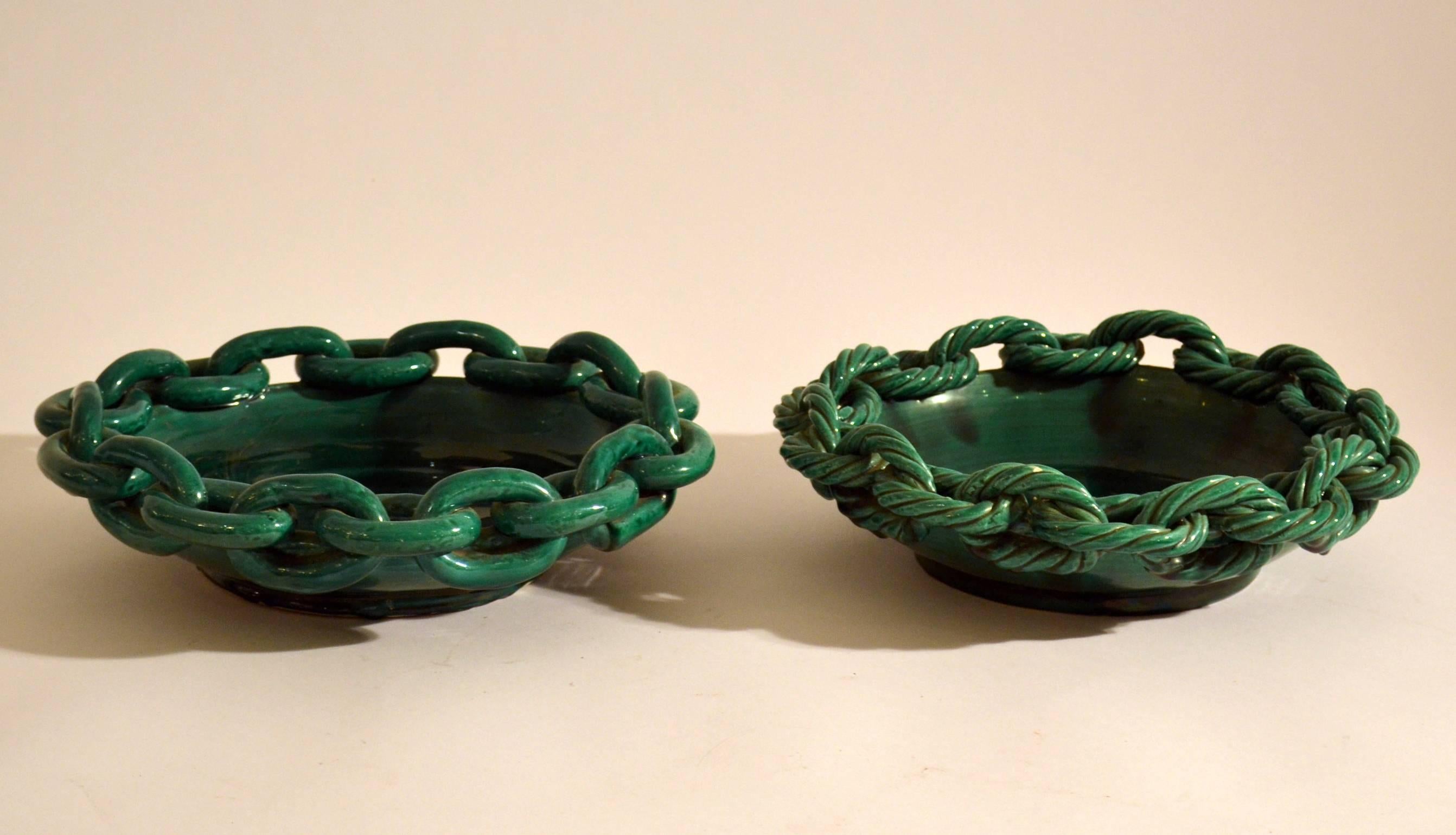1950s Bowl in Emerald Green Ceramic with Chained Rope Edge by Vallauris, France 1
