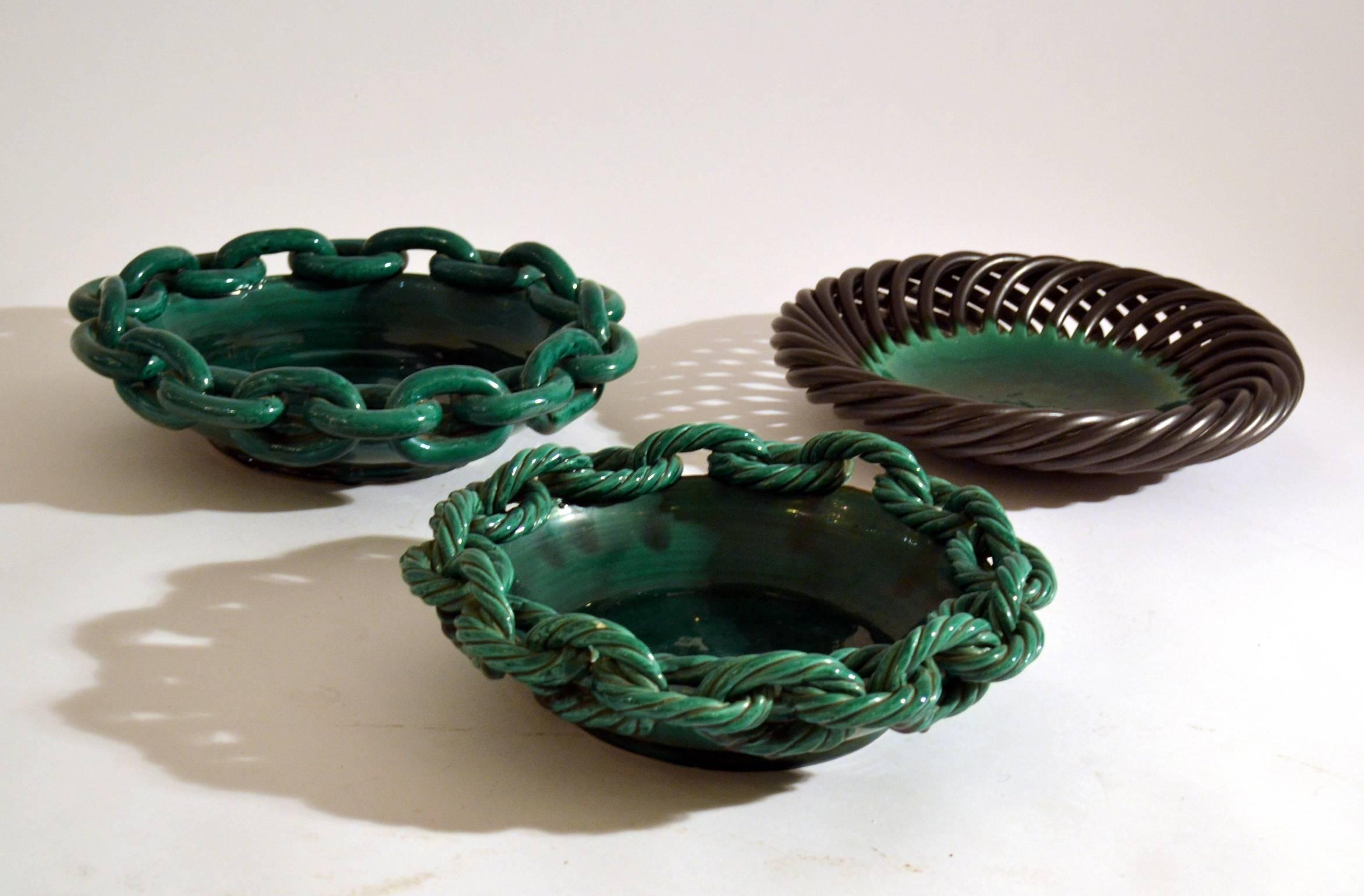 1950s Bowl in Emerald Green Ceramic with Chained Rope Edge by Vallauris, France 2