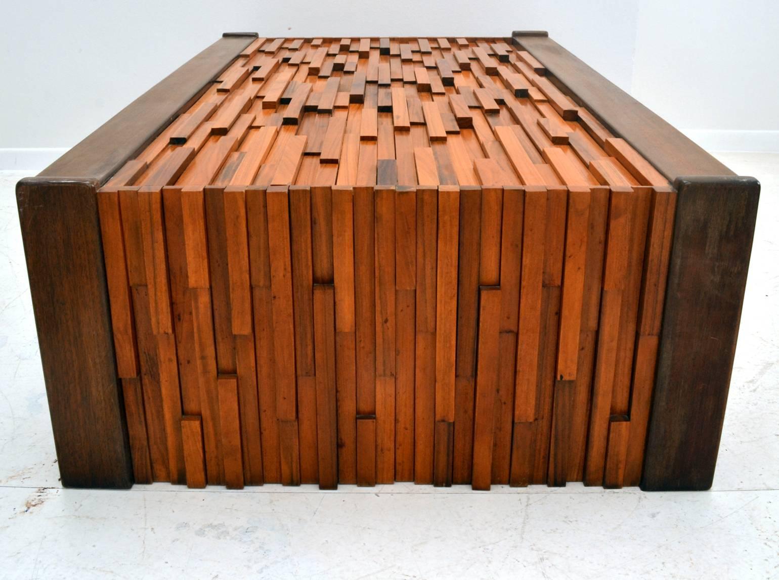 1960s Brutalist Coffee Table in Brazilian Hard Wood Relief by Percifal Lafer 1