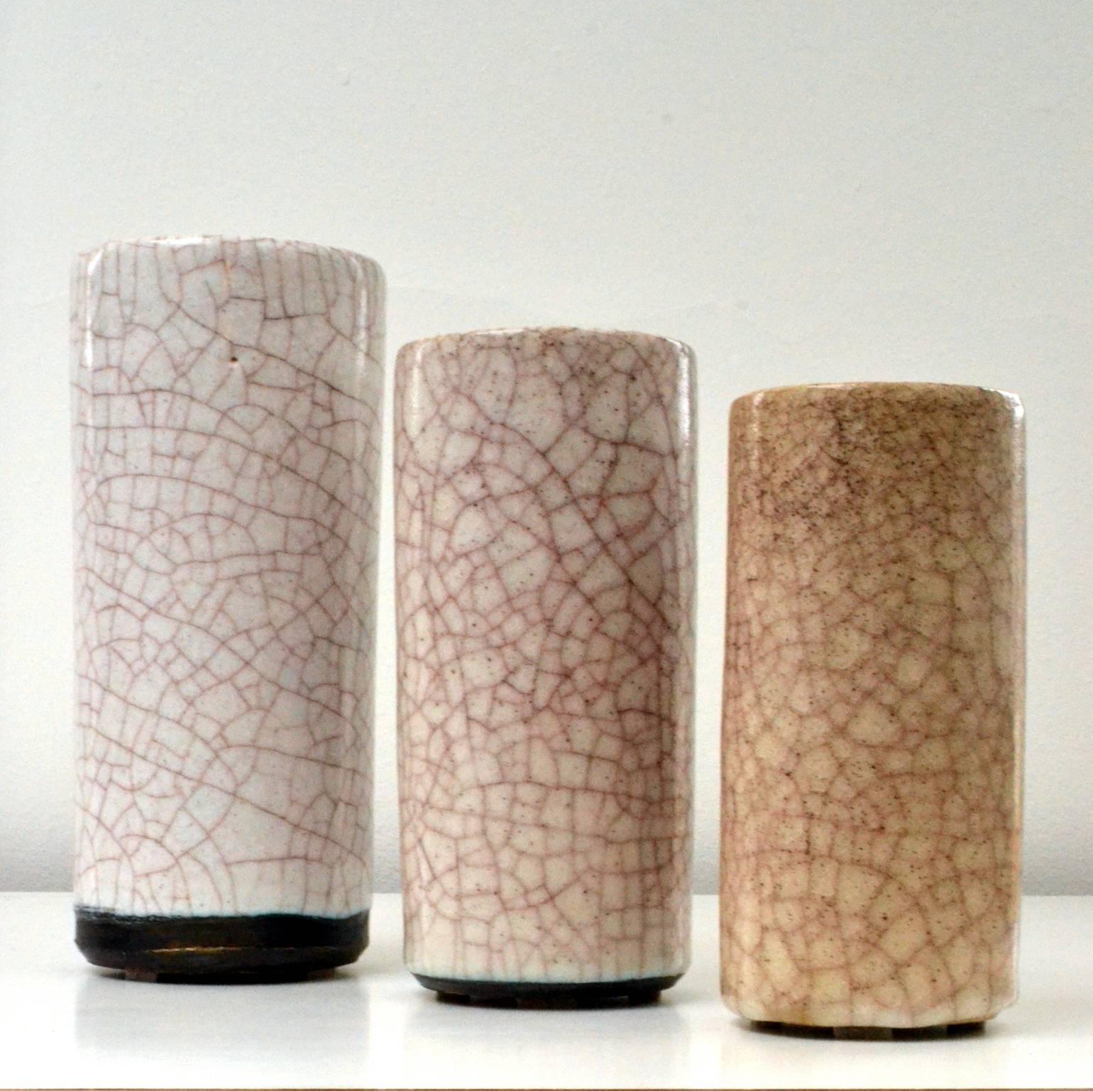 Mid-Century Modern Set of Three 1960s White Ceramic Cylinder Vases by Groeneveldt, Netherlands