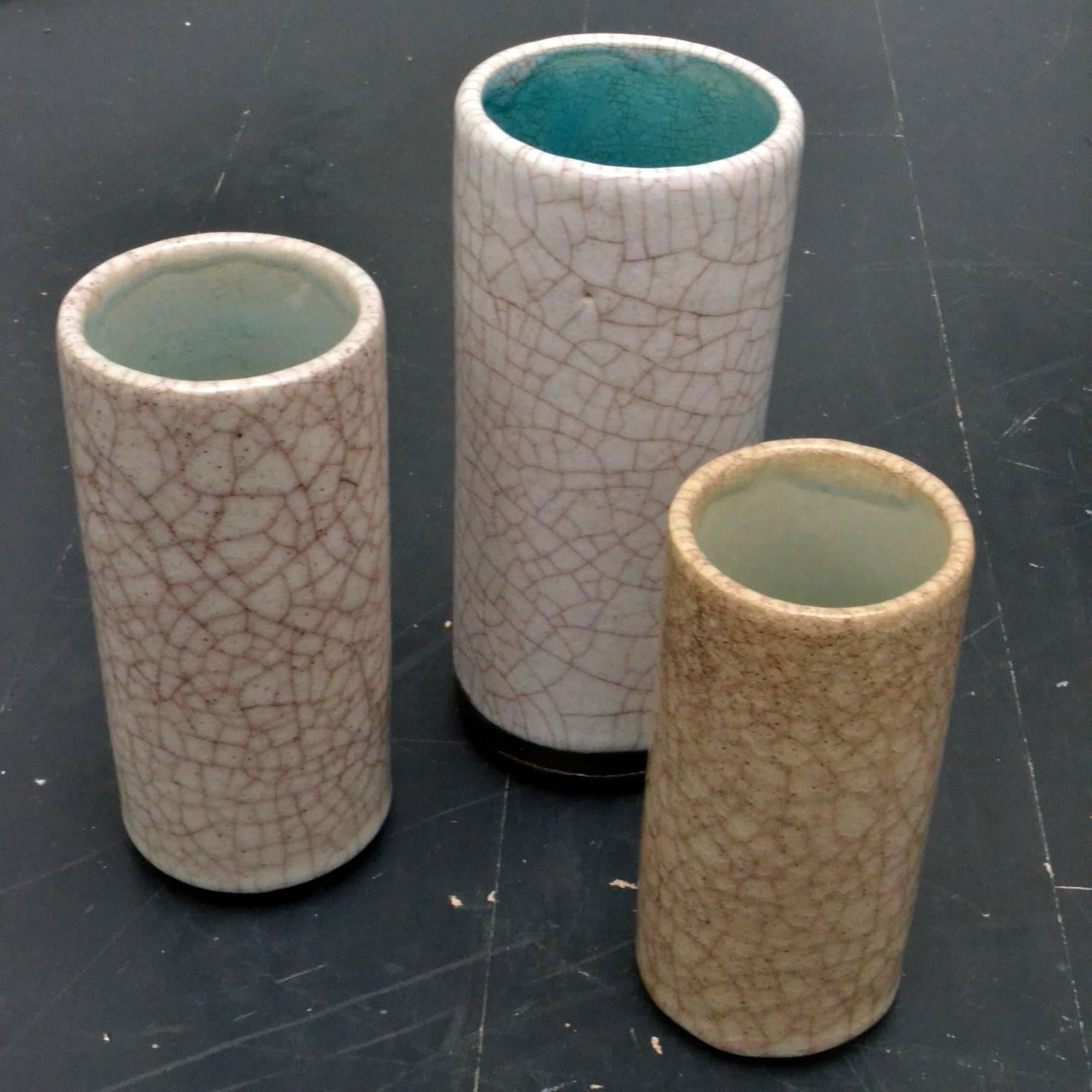 Dutch Set of Three 1960s White Ceramic Cylinder Vases by Groeneveldt, Netherlands