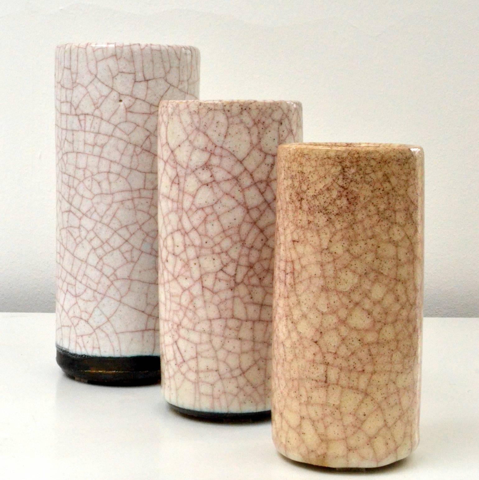 Glazed Set of Three 1960s White Ceramic Cylinder Vases by Groeneveldt, Netherlands