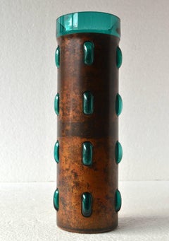 Cylindrical  Vase in Turquoise Glass and Oxidized Copper by Nanny Still