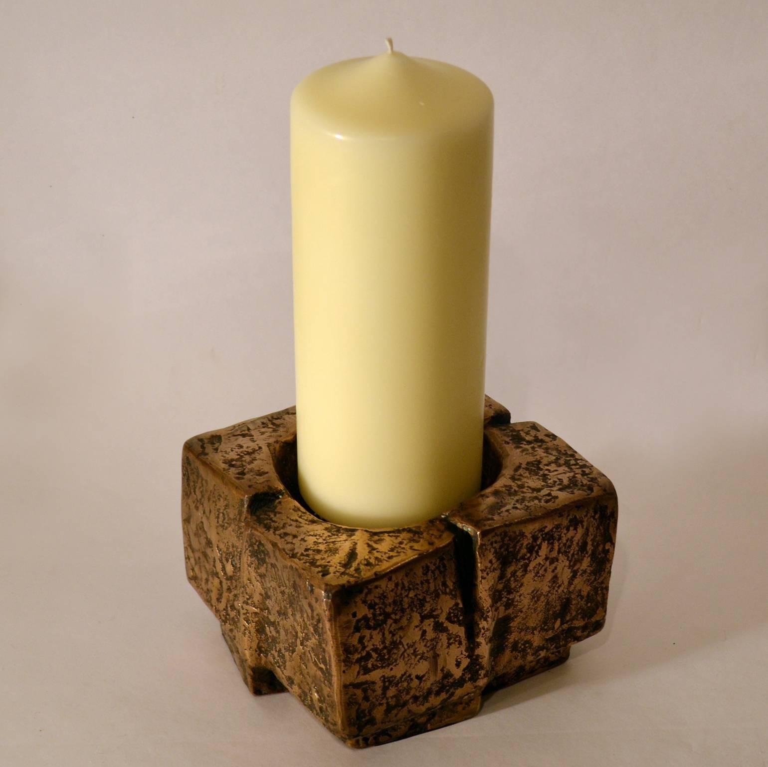Brutalist square shape bronze cast candlesticks for 7/8 cm diameter candles.