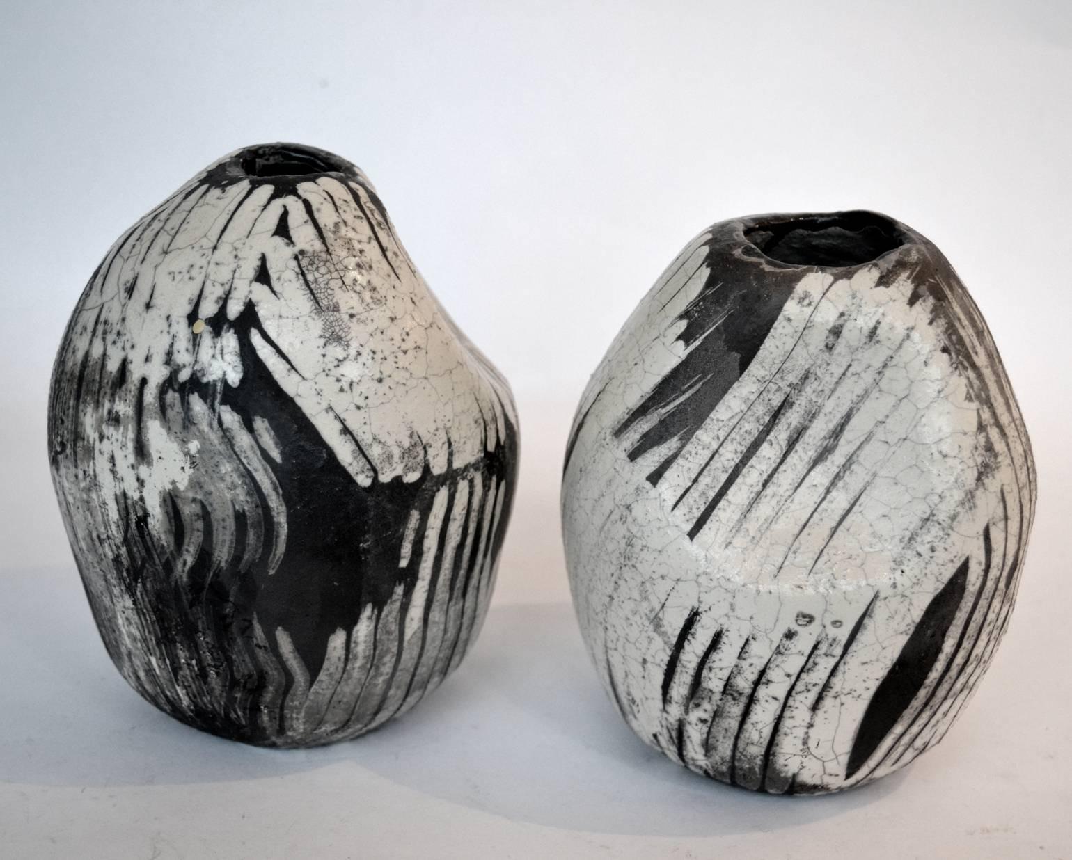 European Studio Pottery Pair of Black and White Raku Vases