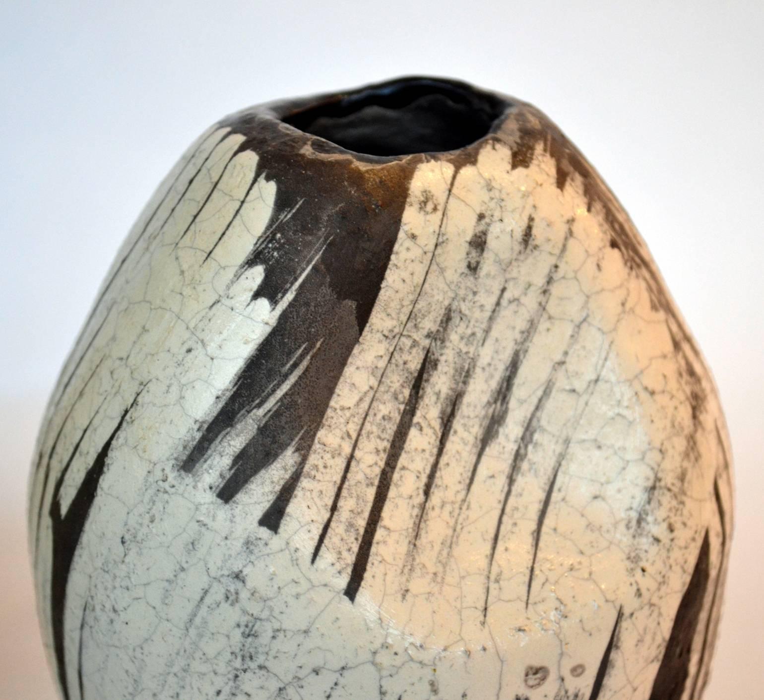 Hand-Crafted Studio Pottery Pair of Black and White Raku Vases