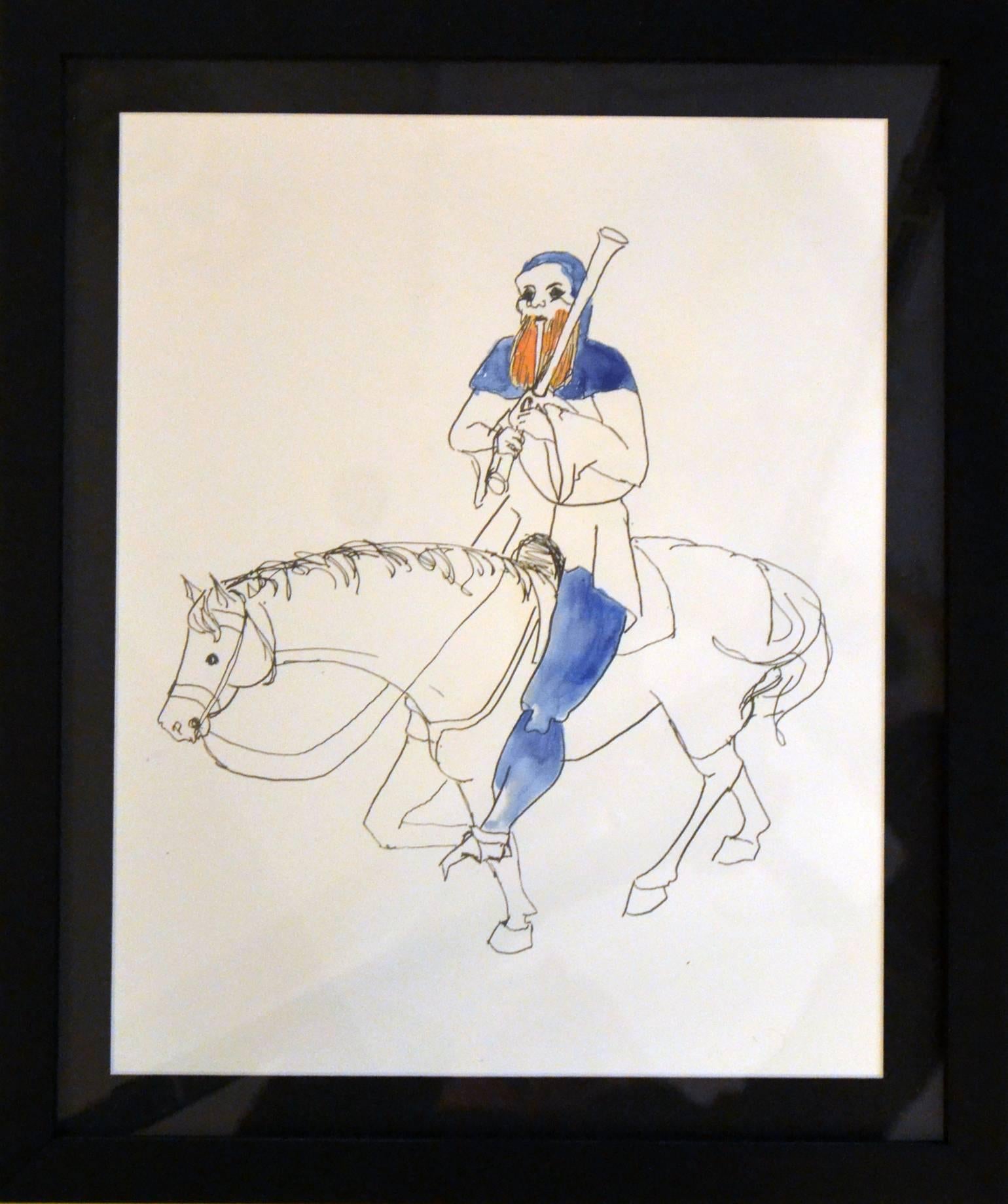 Hand-Painted Four Gothic Drawings of Medieval Men on Horseback from the 'Canterbury tales'