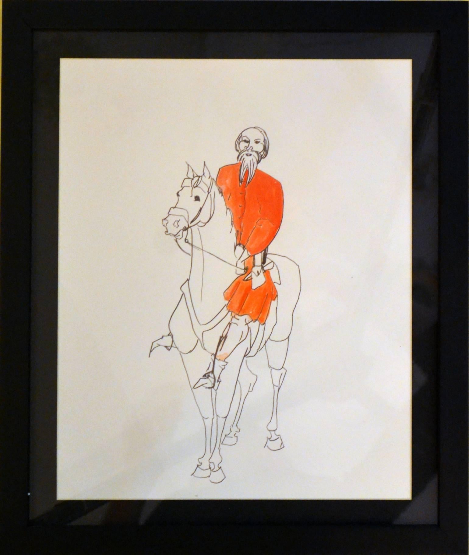 Four drawings with partial watercoloring of characters from the medieval period traveling on horseback. The drawings have strong resemblance to the pilgrims who journey like in Geoffrey Chaucer's 'Canterbury Tales', 1387-1400.
They are newly framed