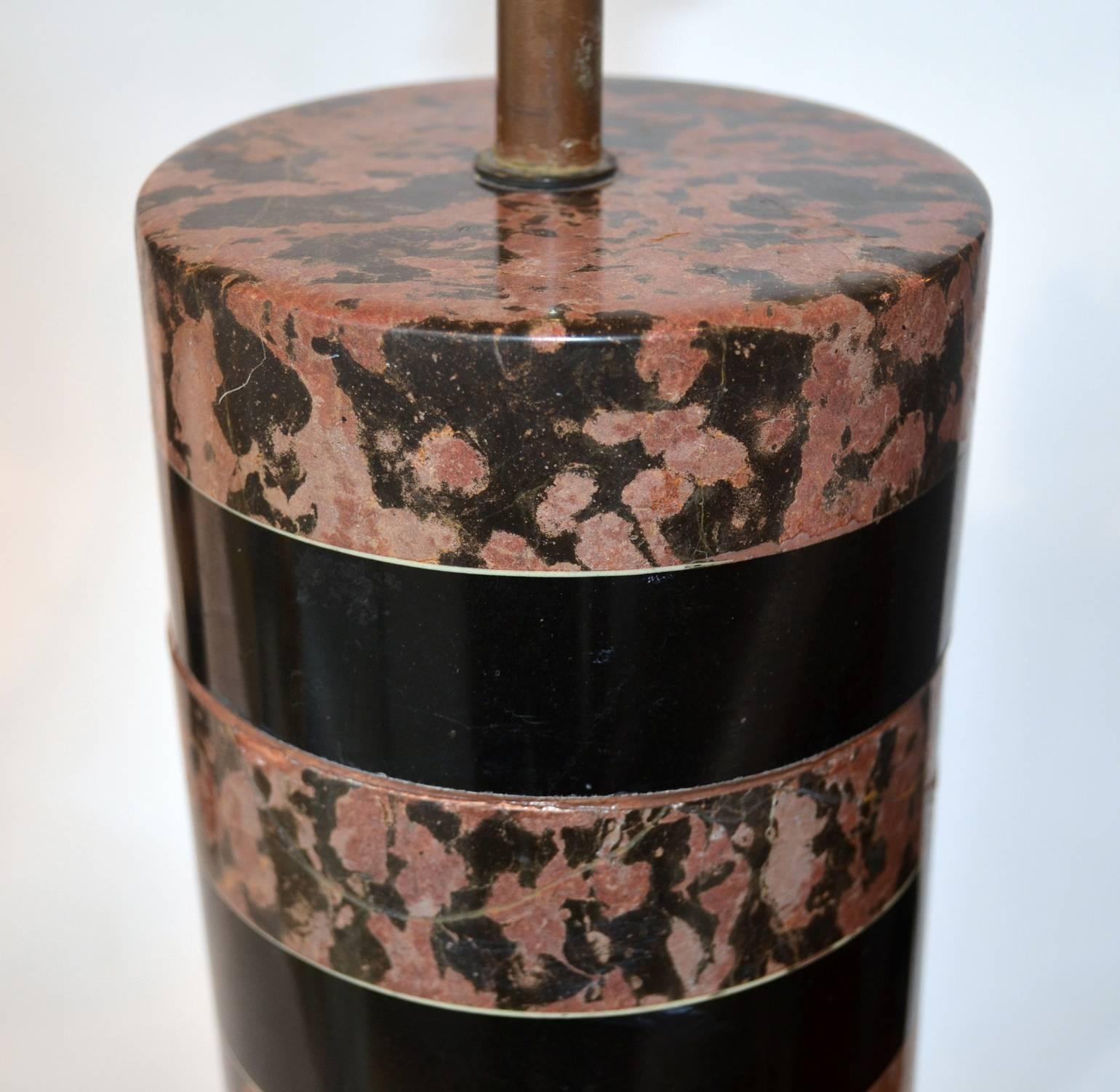 1970's Pair of Layered Old Pink & Black Marble Cylinder Table Lamps 4