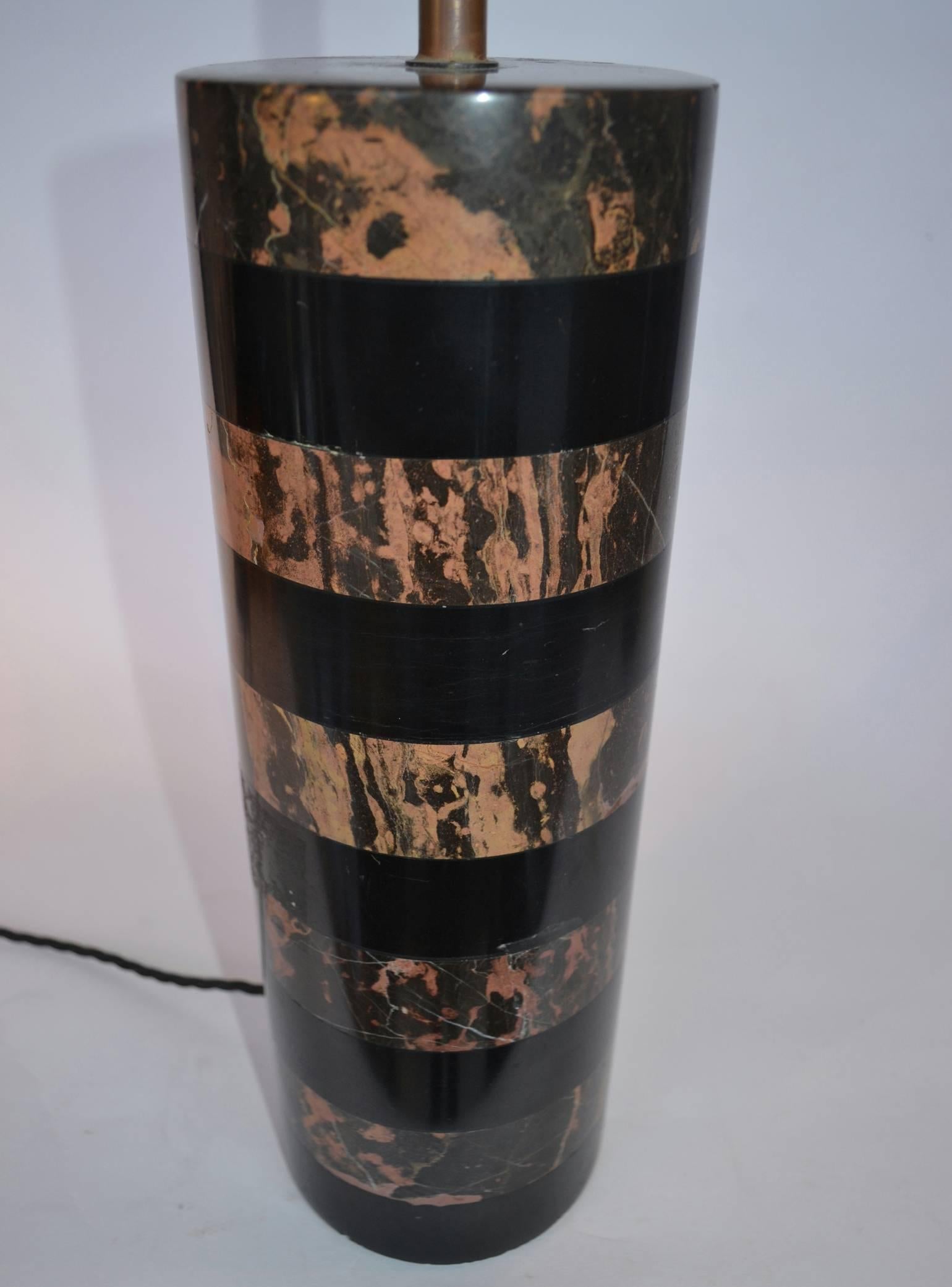1970's Pair of Layered Old Pink & Black Marble Cylinder Table Lamps 7