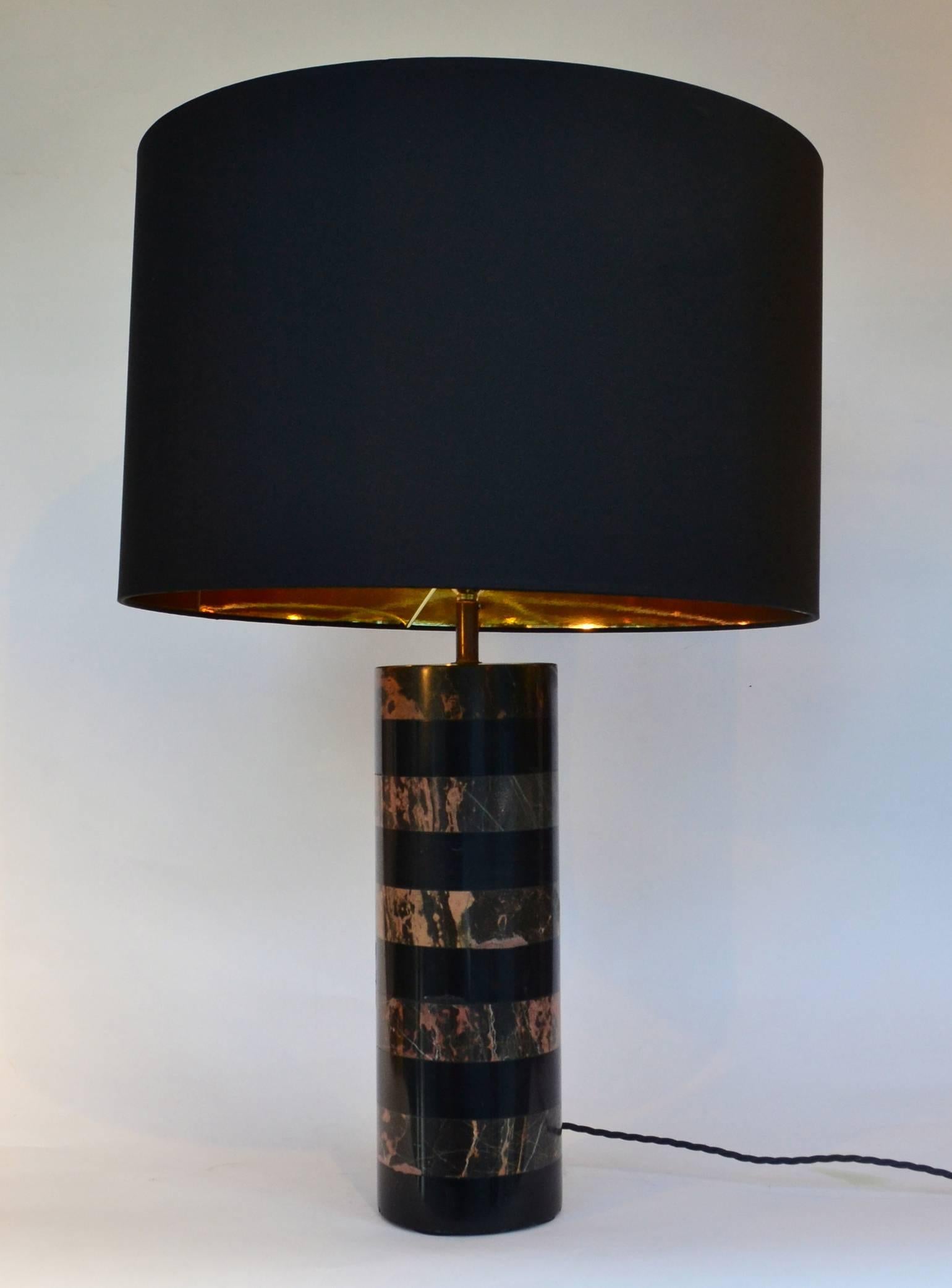 Late 20th Century 1970's Pair of Layered Old Pink & Black Marble Cylinder Table Lamps