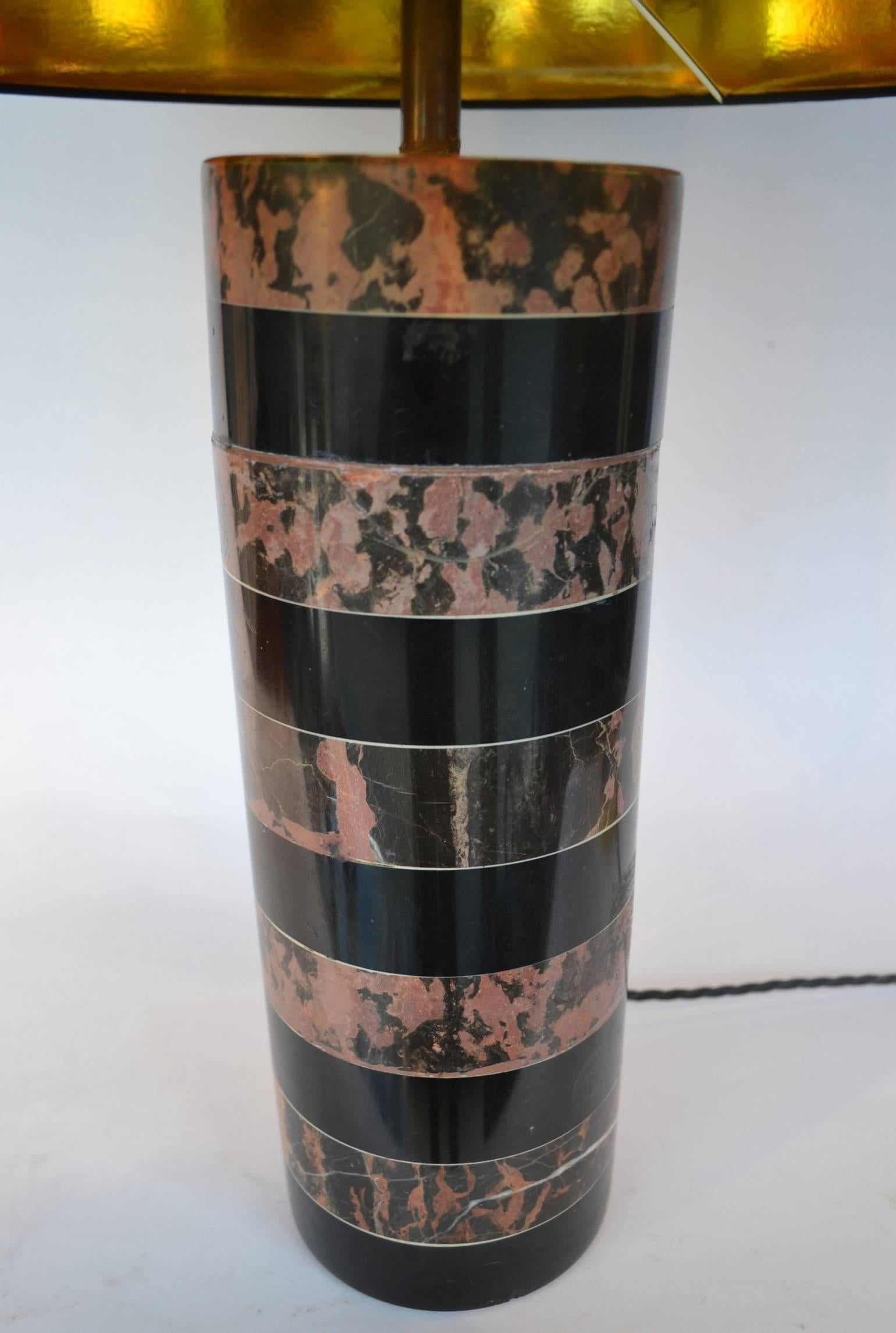 1970's Pair of Layered Old Pink & Black Marble Cylinder Table Lamps 6