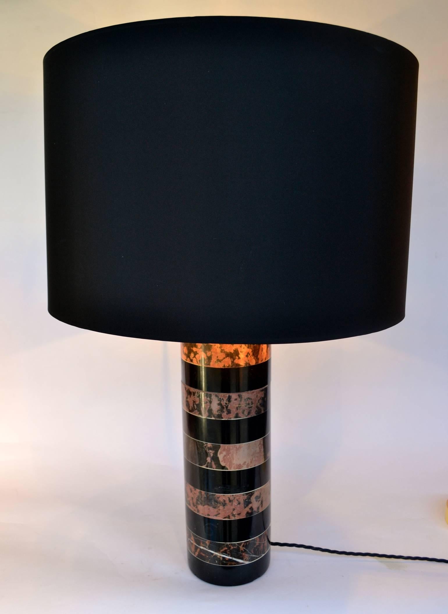 1970's Pair of Layered Old Pink & Black Marble Cylinder Table Lamps 1