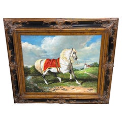 Pintura al óleo del milenio representando un semental árabe blanco, finales del siglo XX