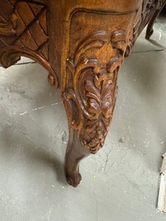 Antique French inlay floral carved walnut wood coffee table