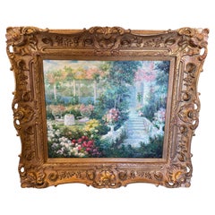 Romantic Garden Scene, Pastel Oil Painting, Framed 34 x 30 Inches