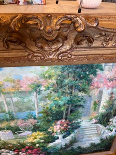 Romantic Garden Scene, Pastel Oil Painting, Framed 34 x 30 Inches