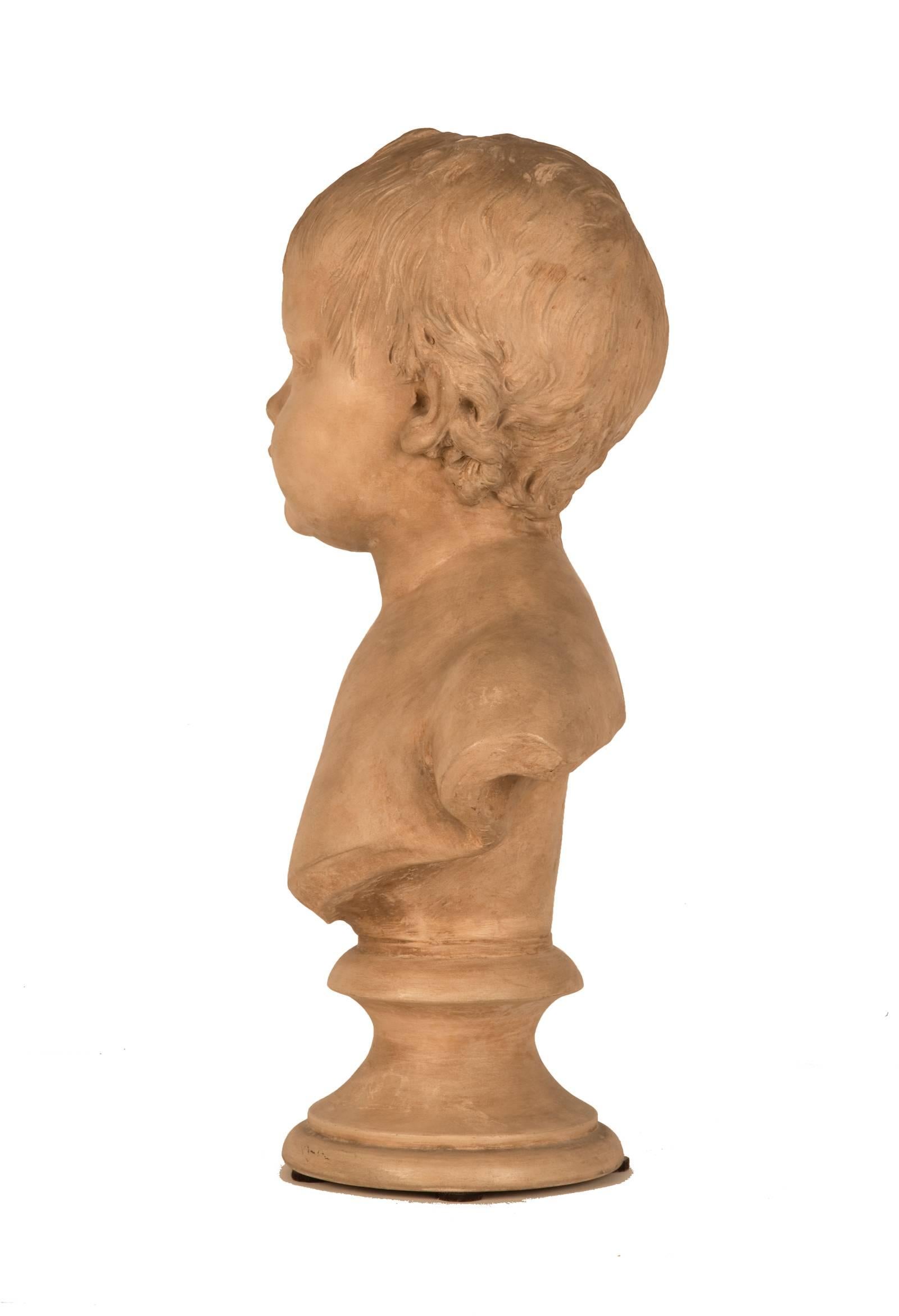 Louis XV Terracotta Bust of a Young Child, Signed Houdon