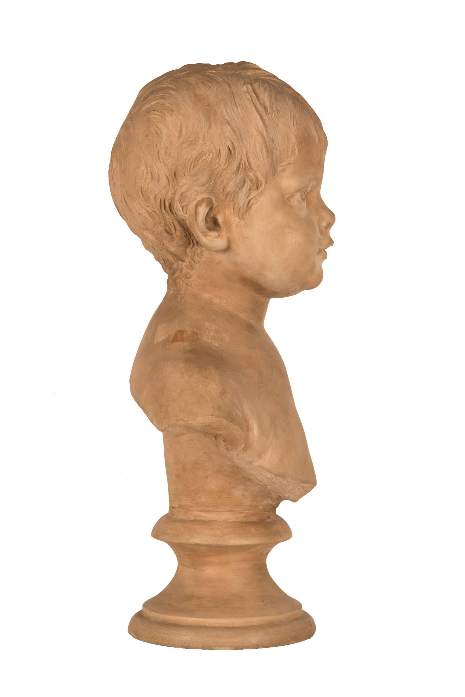 Terracotta Bust of a Young Child, Signed Houdon In Good Condition In Salt Lake City, UT
