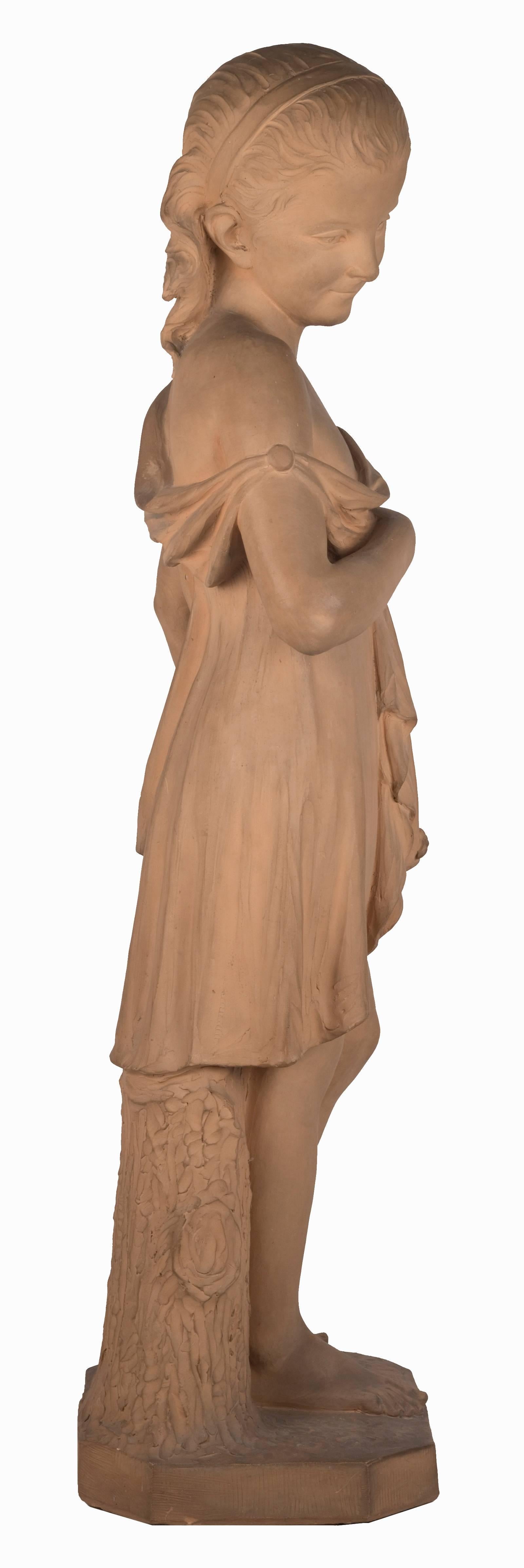 An 19th century French terracotta statue of a young girl, the standing figure in delicately carved drapery leaning against a tree stump with a garland of flowers at her side. The pedestal is incised, CH. LE Bourg 1866.

Lebourg is best known for