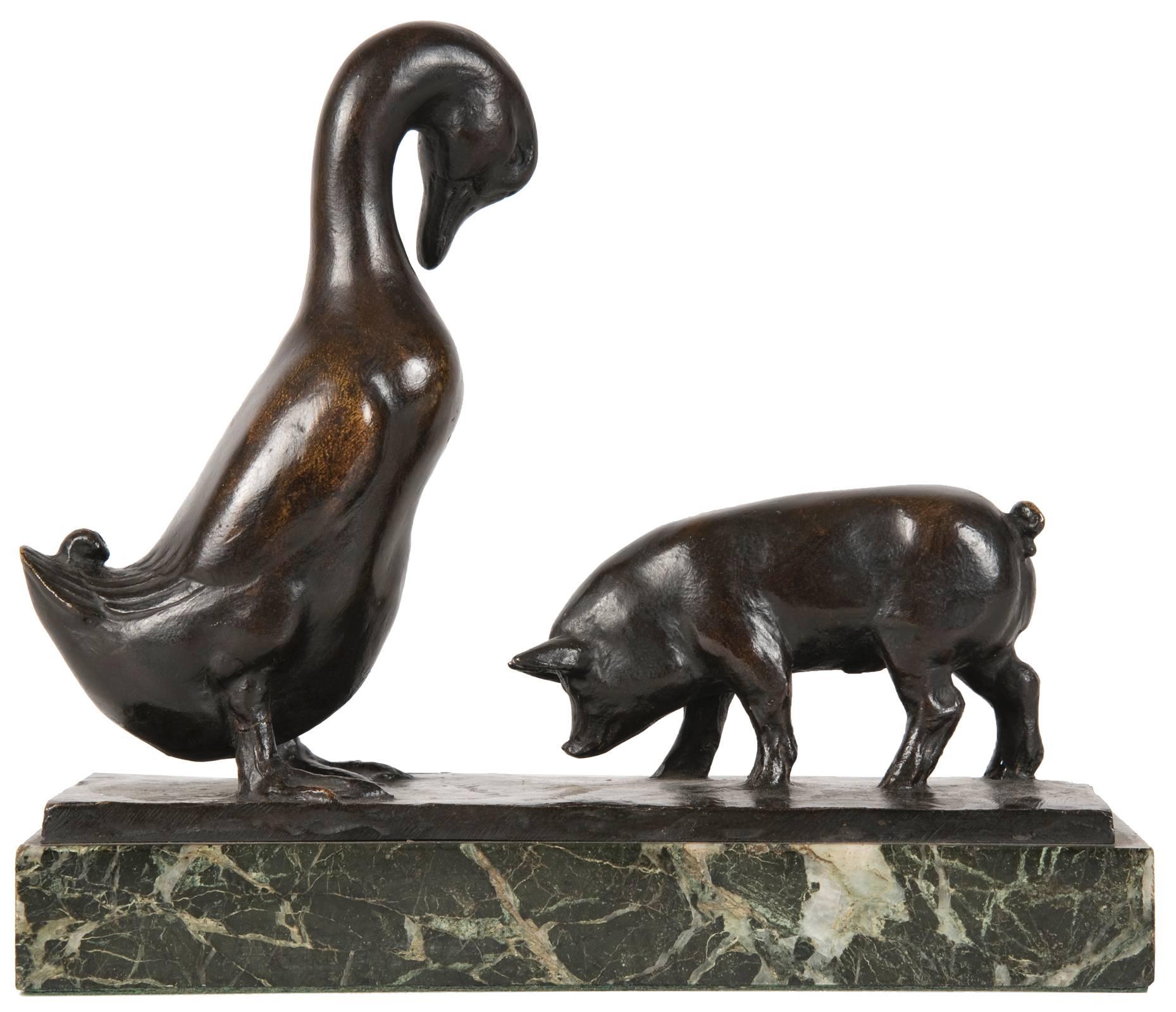 Bronze cast forms of a duck and pig, with brown patina, are mounted on a marble base in this Mahonri Macintosh Young (1877 - 1957) figural grouping sculpture. Top of base is incised Mahonri.

Mahonri began his career as a self-taught artist before