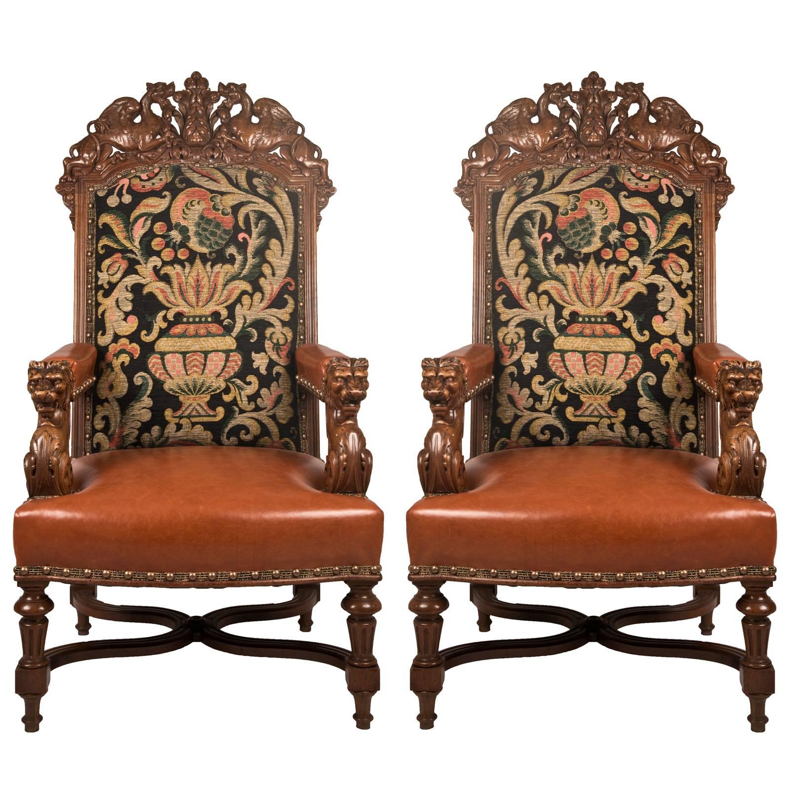 Pair of 19th Century Louis XIV Style Fauteuil Walnut Chairs